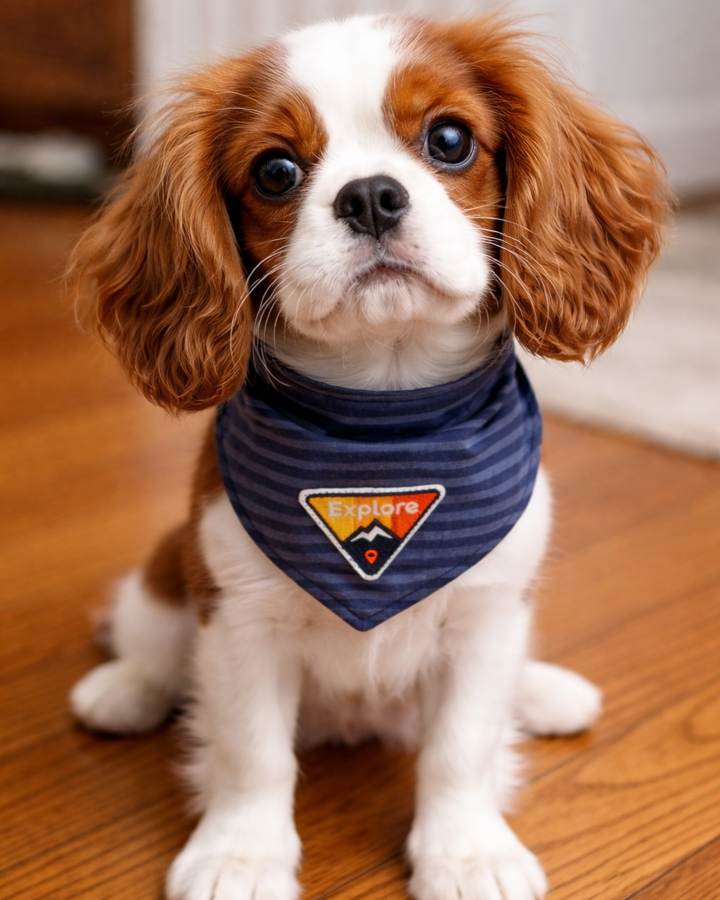 King Charles Cavalier, Small dog wearing a blue bandana with PATCH