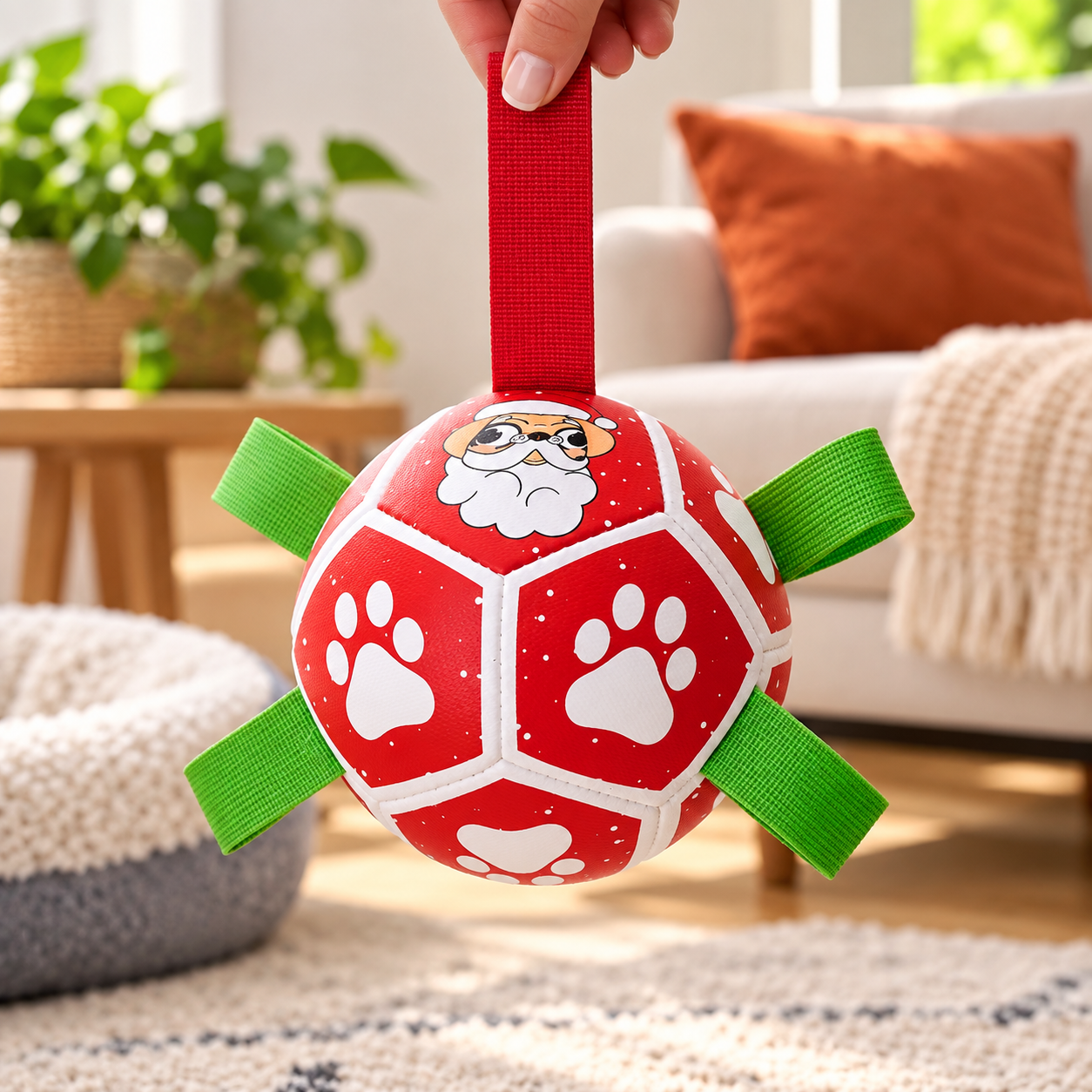 A red and white Christmas-themed ball toy with green ribbon handles and a Santa face graphic, held by a hand in a cozy living room setting.