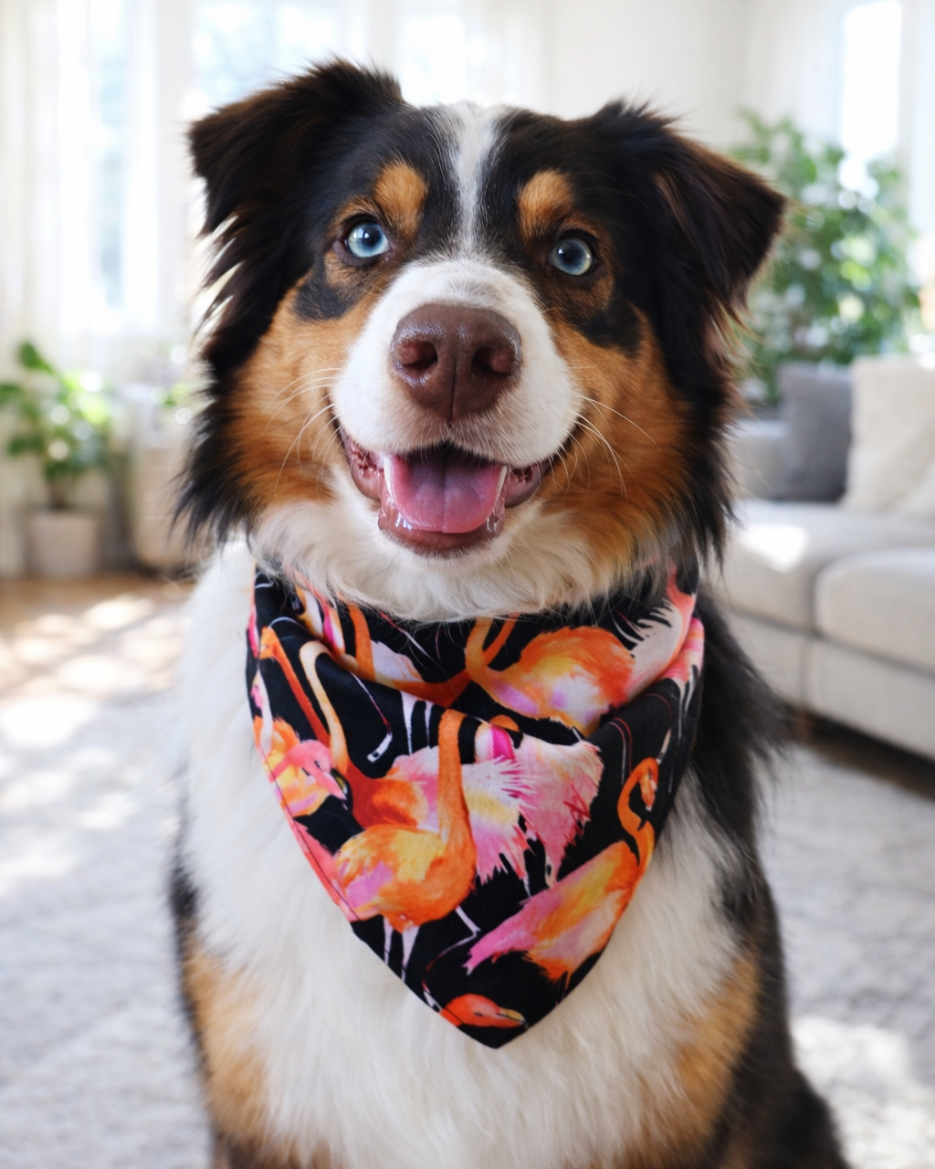 australian shepherd dog wearing black, orange and pink bandana on a black ground