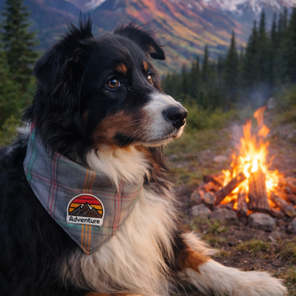 Dog wearing a plaid bandana with a patch, sitting by a campfire with mountains in the background.