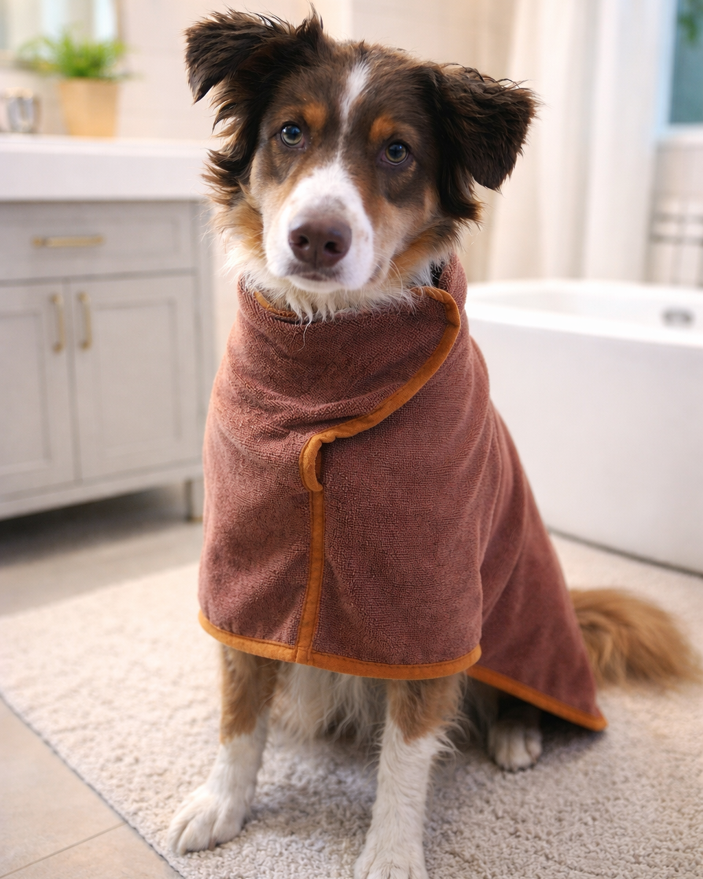 Dog wearing a brown BATHROBE  in a bathroom