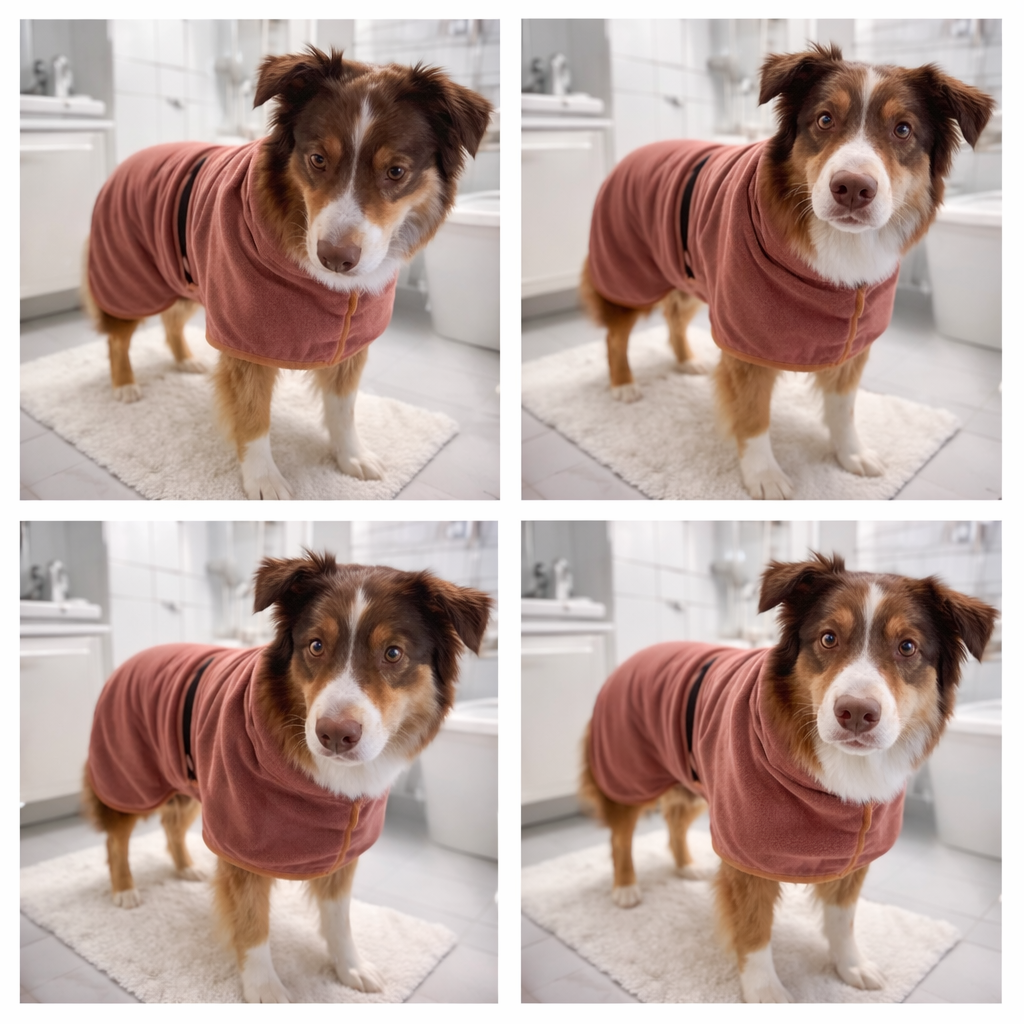 Dog wearing a burnt orange robe in a bathroom setting