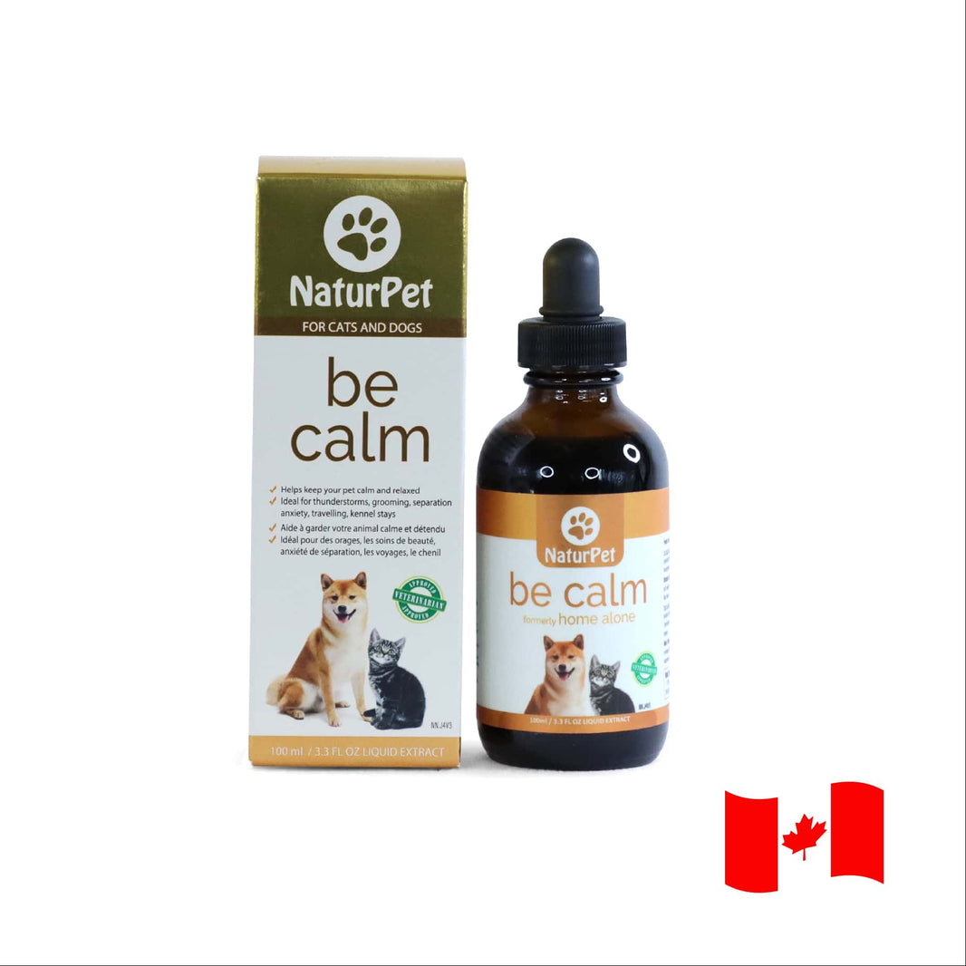NaturPet 'be calm' product packaging for cats and dogs on a white background with a Canadian flag.