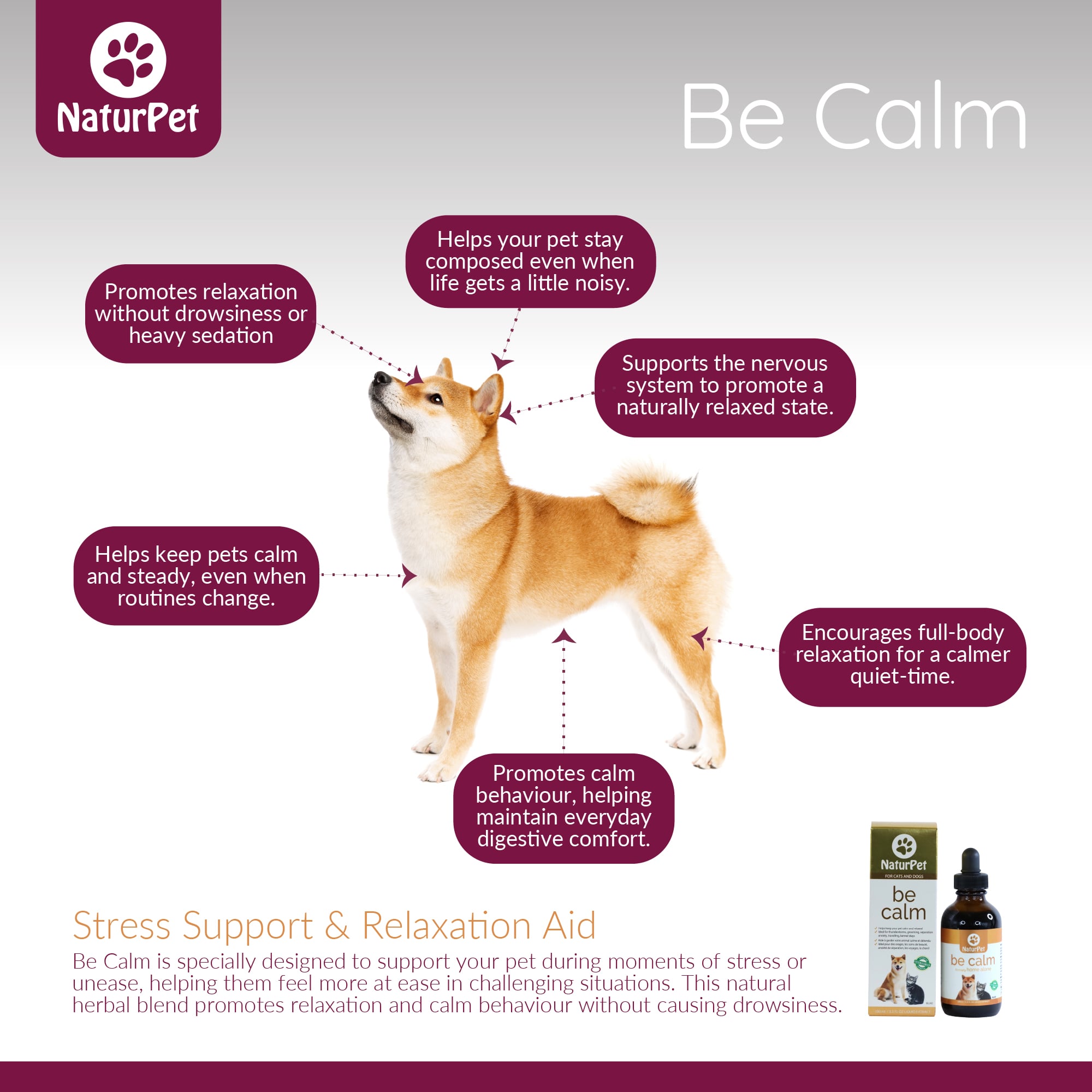 NaturPet Be Calm product advertisement with a dog and product packaging on a gray background