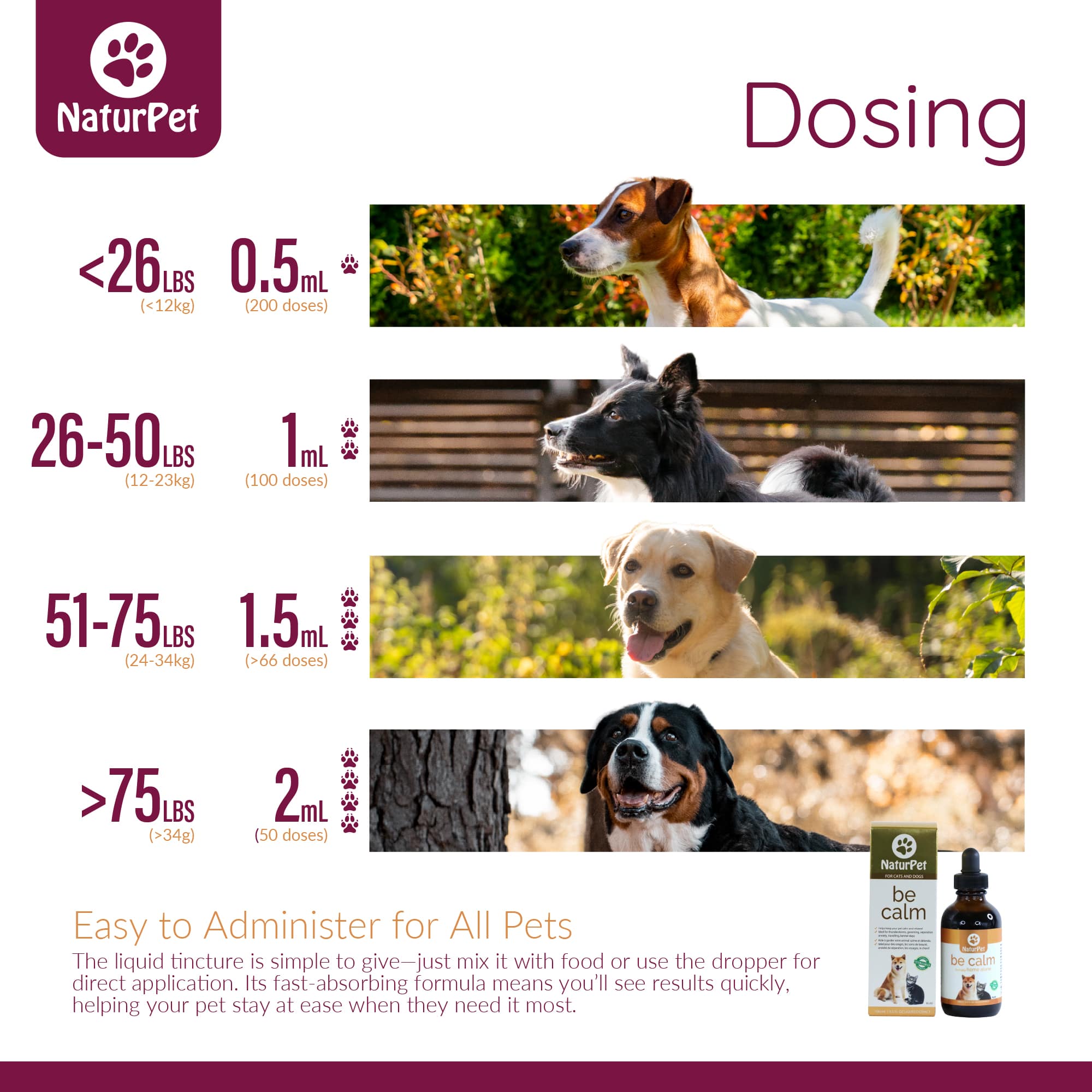 NaturPet dosing chart for dogs with images of dogs and product packaging.