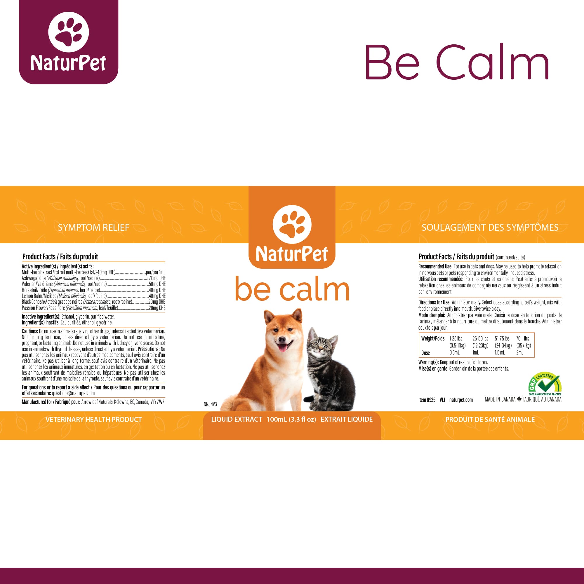 NaturPet 'Be Calm' product packaging with a dog and cat illustration on a white background.