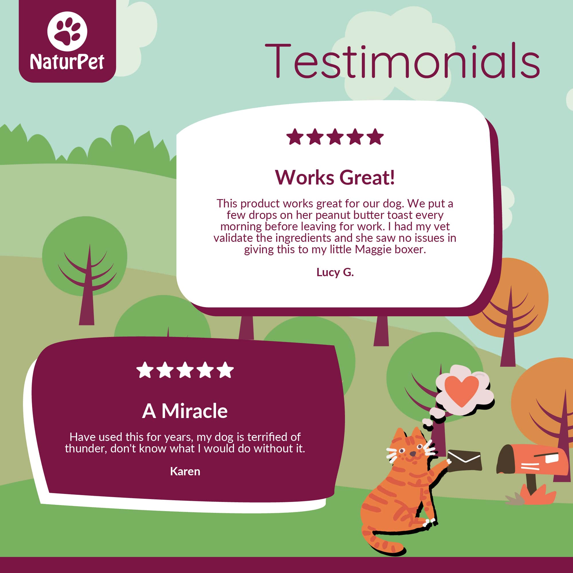 NaturPet testimonial graphic with cartoon animals and five-star reviews against a green landscape background.