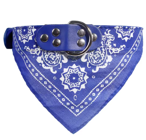 Blue bandana with white patterns and a leather collar on a white background