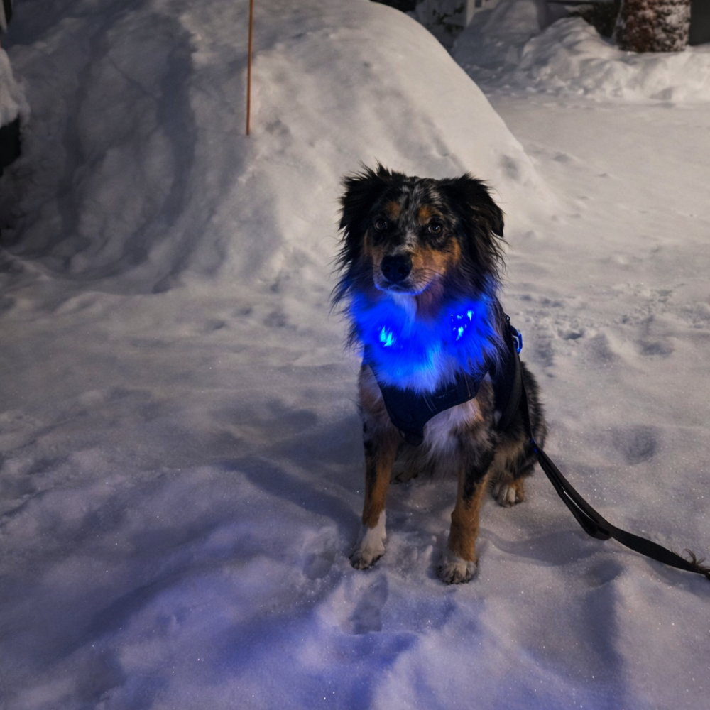 Dog wearing a blue LED collar in a snowy yard at night.