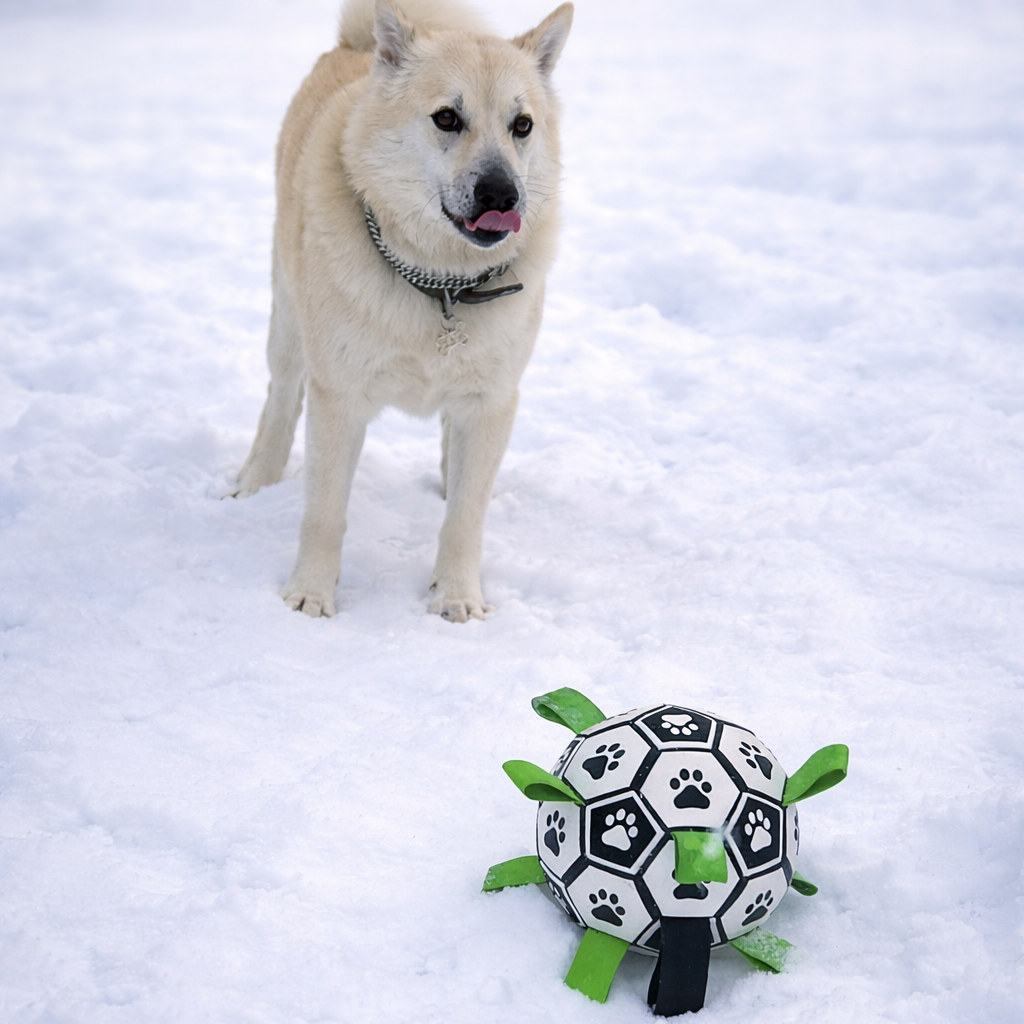 Dog standing in the snow next to a soccer ball dog toy with paw prints.