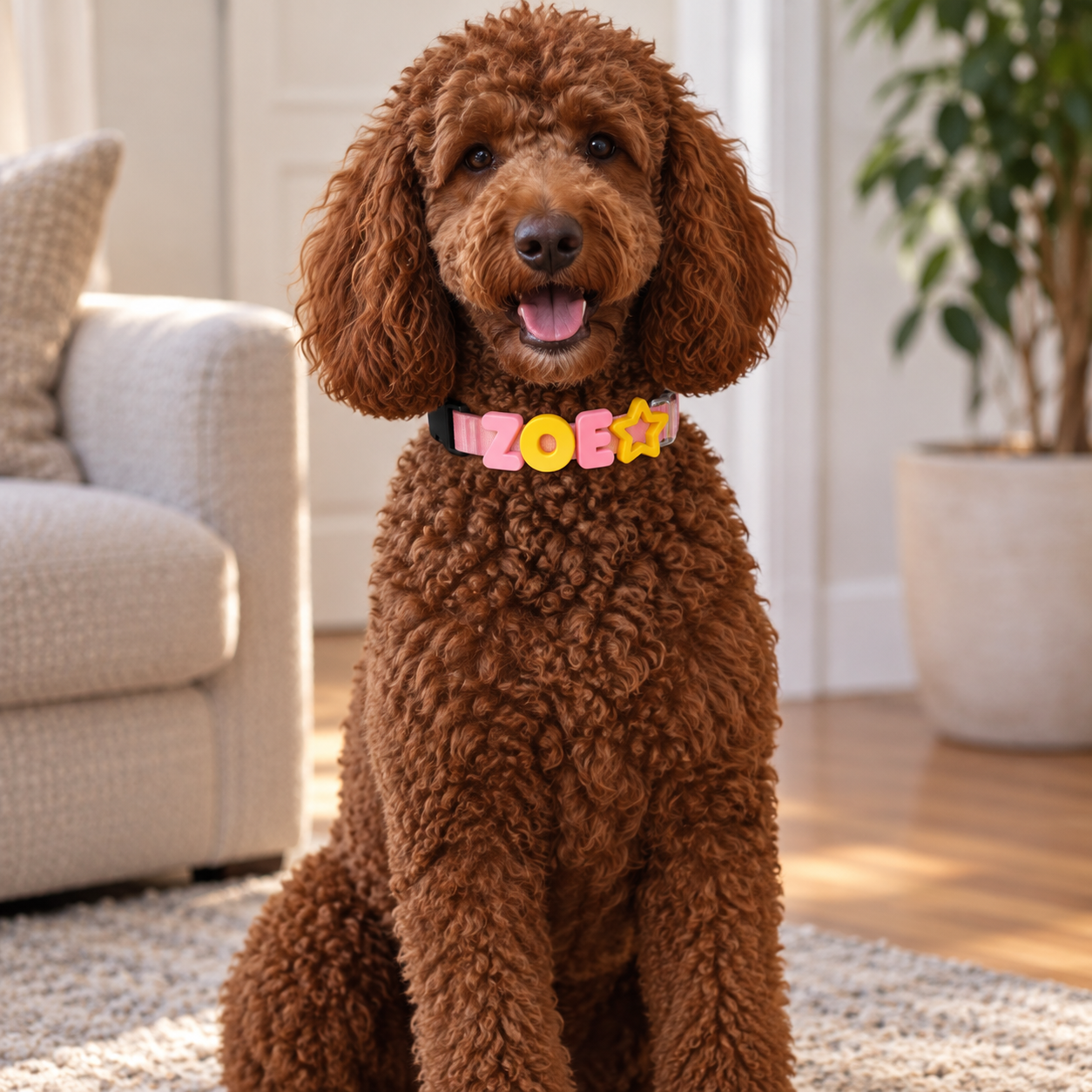 A brown curly-haired dog sitting indoors on a rug, wearing a colorful collar with the letters 'N2O6' and a star.