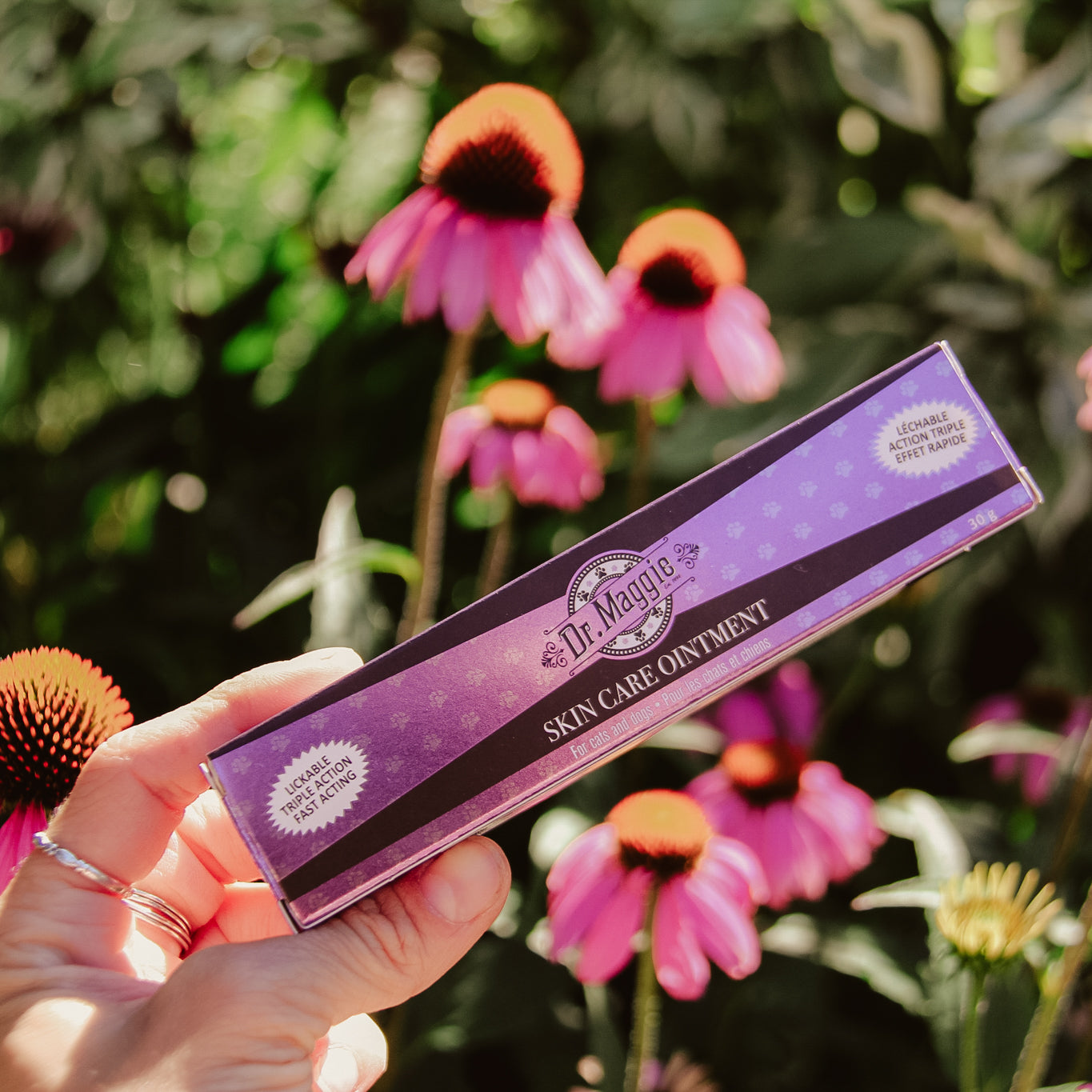 Person holding a purple box of Dr. Maggie Skin Care Ointment in front of flowers