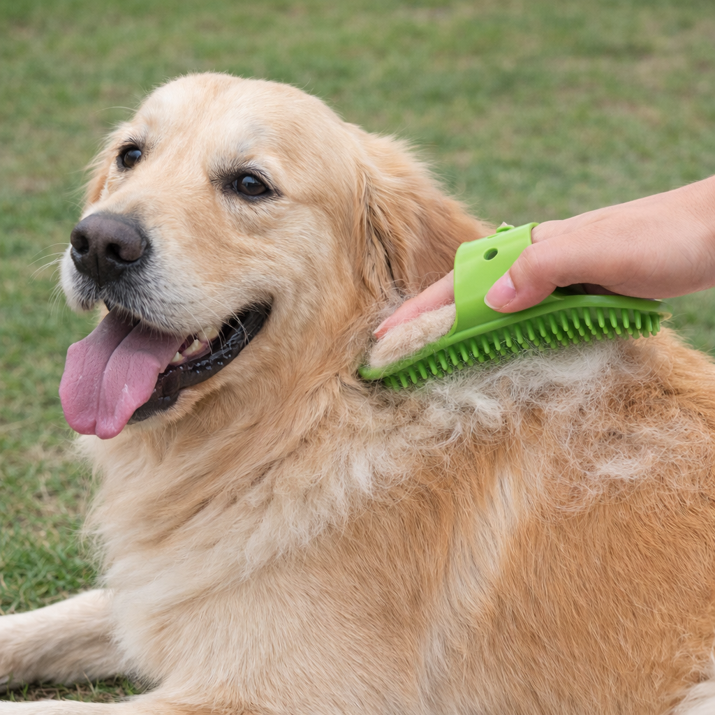 Dog being groomed with a green brush by a person outdoors on grass