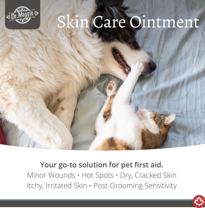 Advertisement for Dr. Maggie Skin Care Ointment featuring a dog and cat on a blanket.