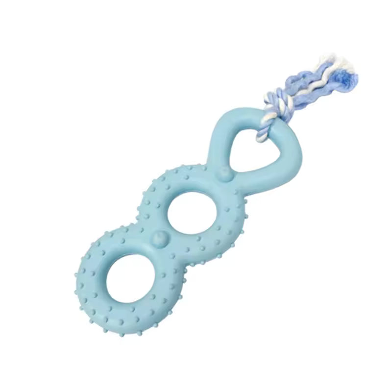 Light blue dog toy with textured surface and rope on a white background
