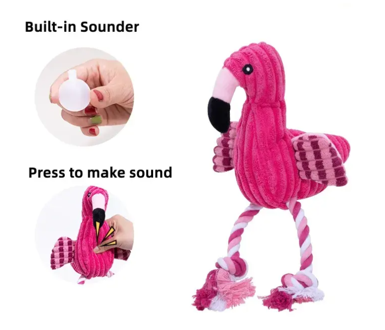 Pink flamingo toy with a built-in sounder and instructions on how to use it.
