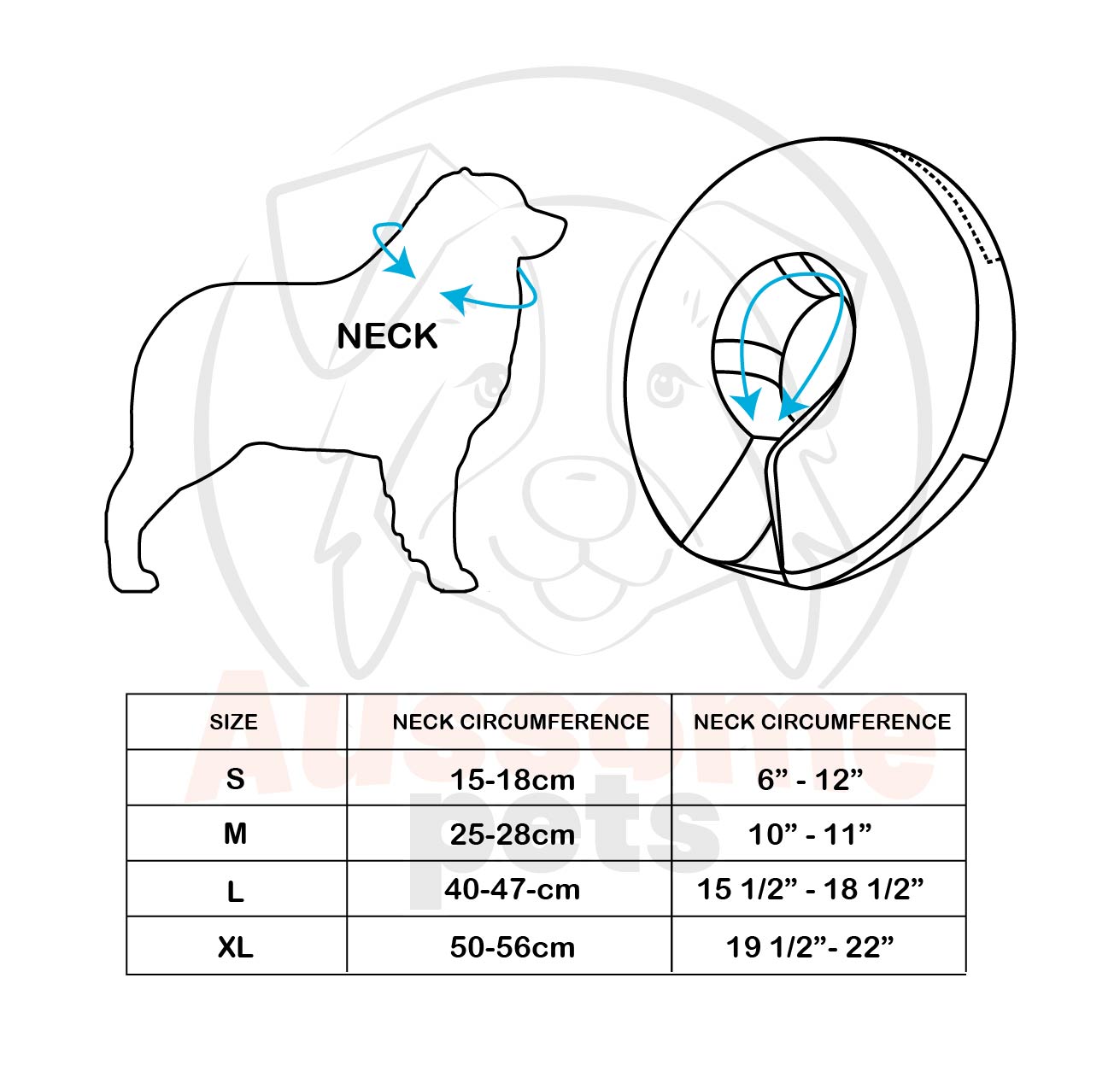 Measurement chart for dog collars showing neck circumference sizes.