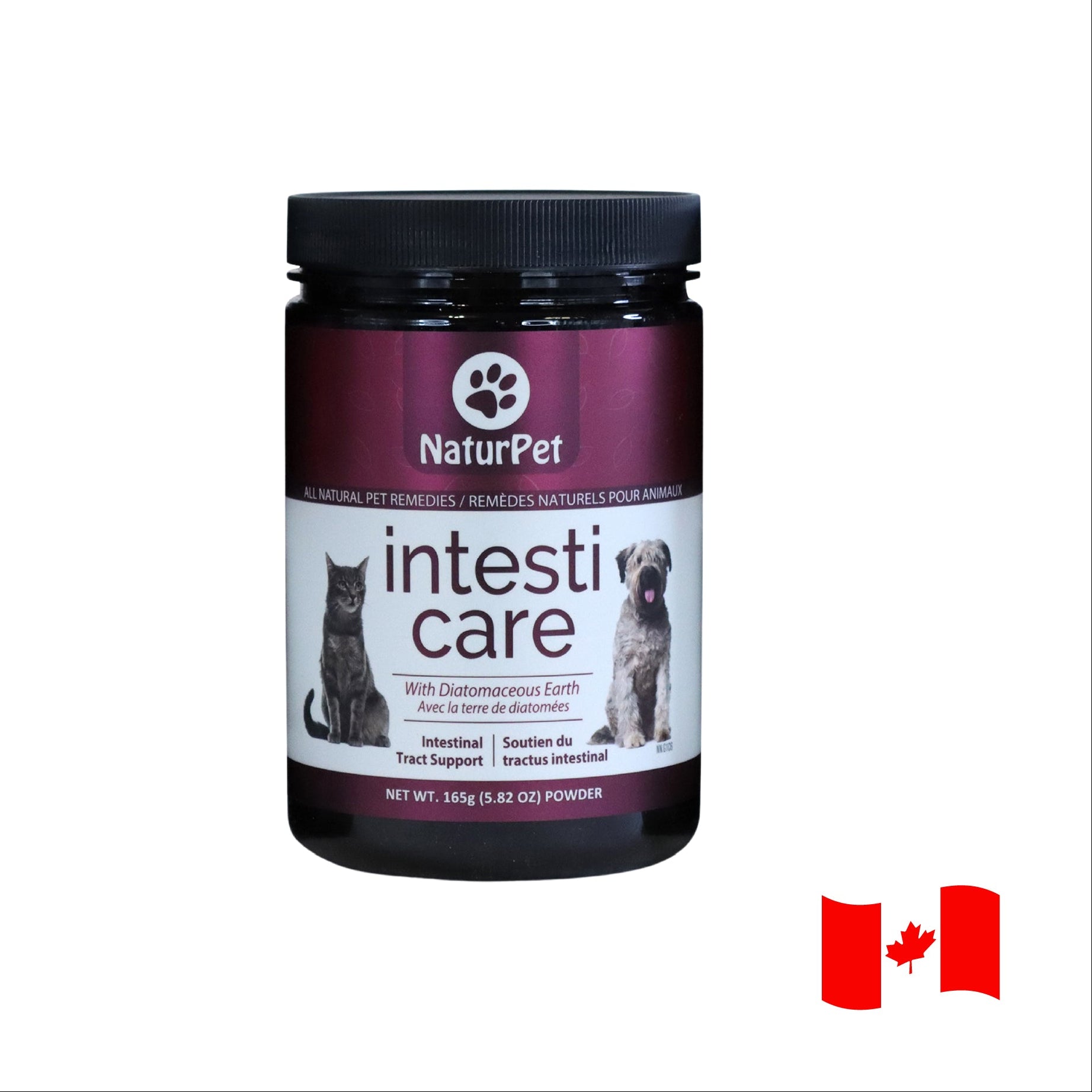 NaturPet intesti care product jar with a Canadian flag on a white background