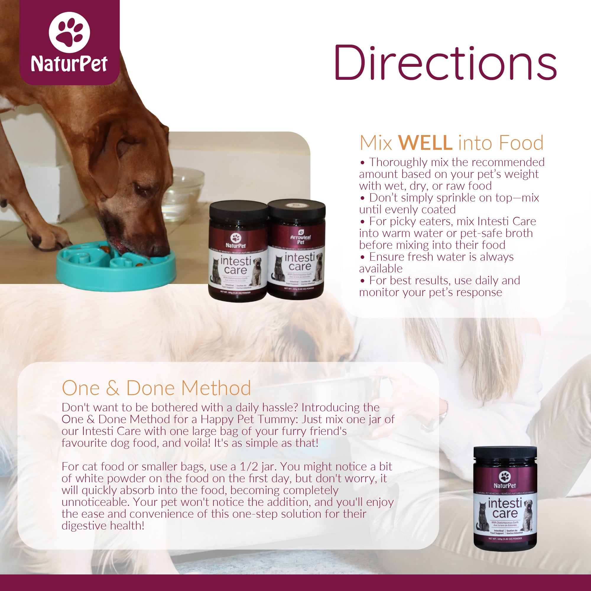NaturPet IntestiCare product with a dog eating from a bowl on a couch.
