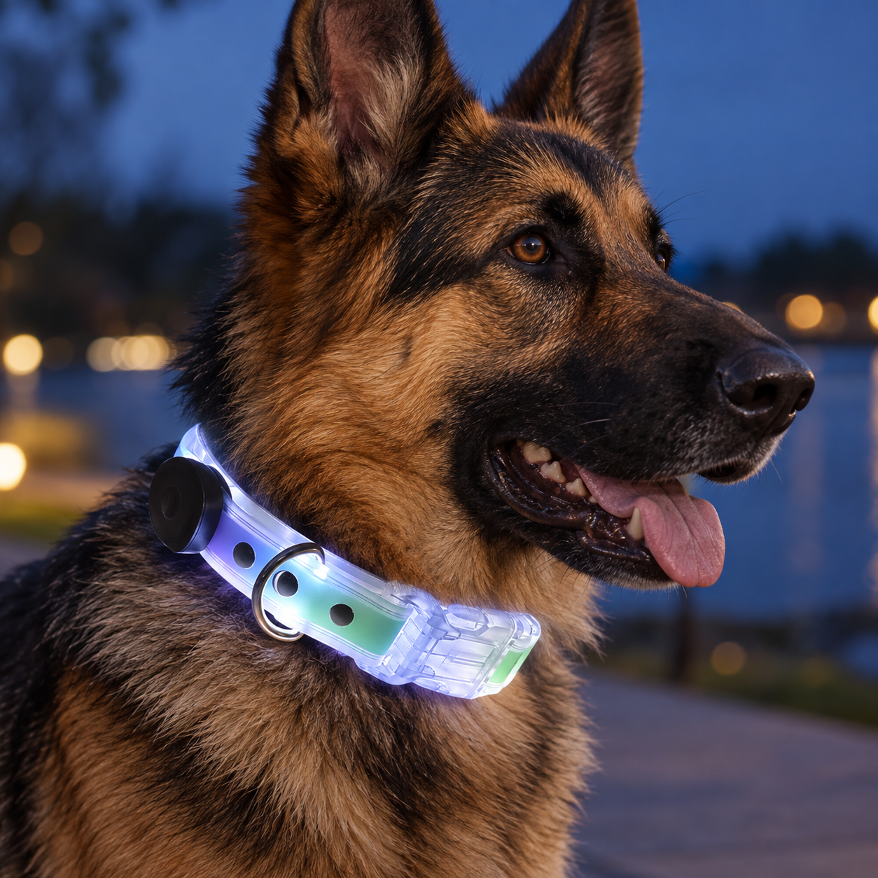 A German Shepherd dog wearing a glowing LED collar at dusk, with its tongue out and looking to the right against a blurred blue evening background.
