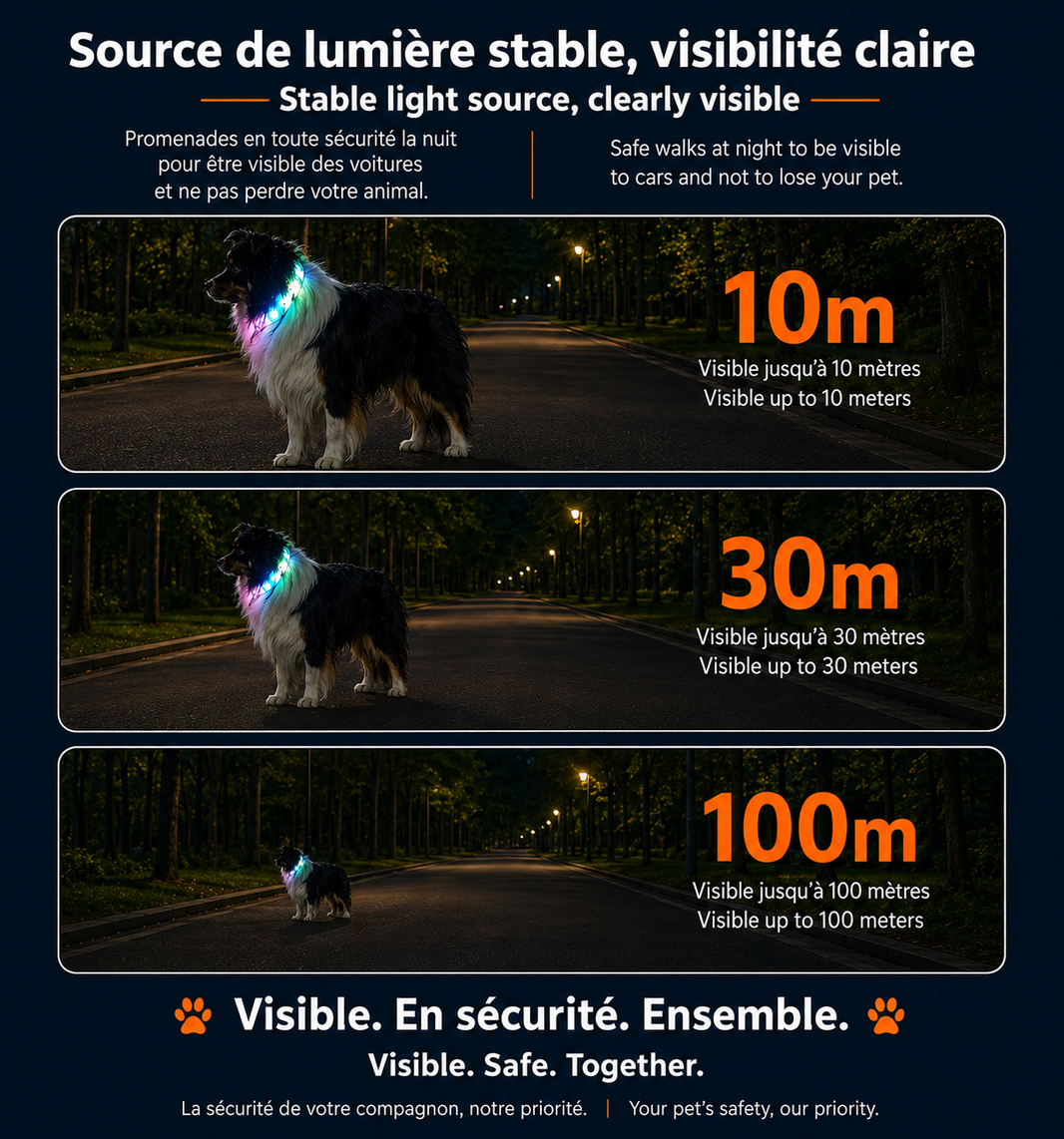 showing the night visibility of the LED collar at 10m & 30m & 100M