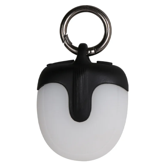 Black and white keychain light with a key ring on a white background