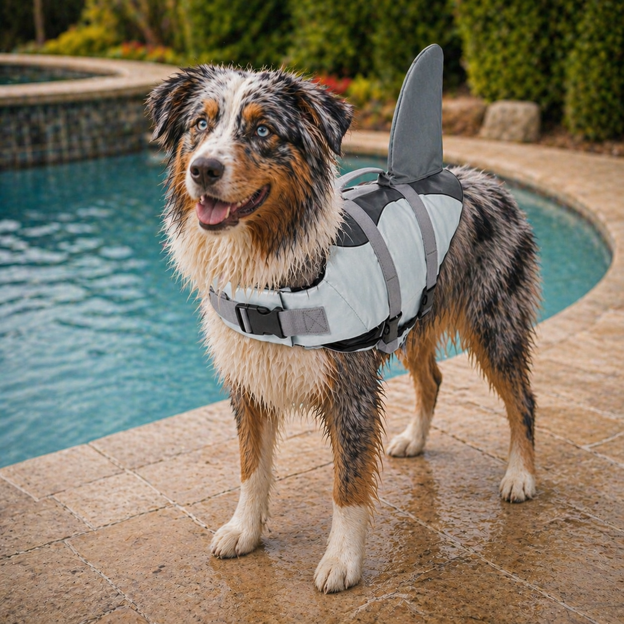 australian shepherd weaing a shark life vest next to a poop