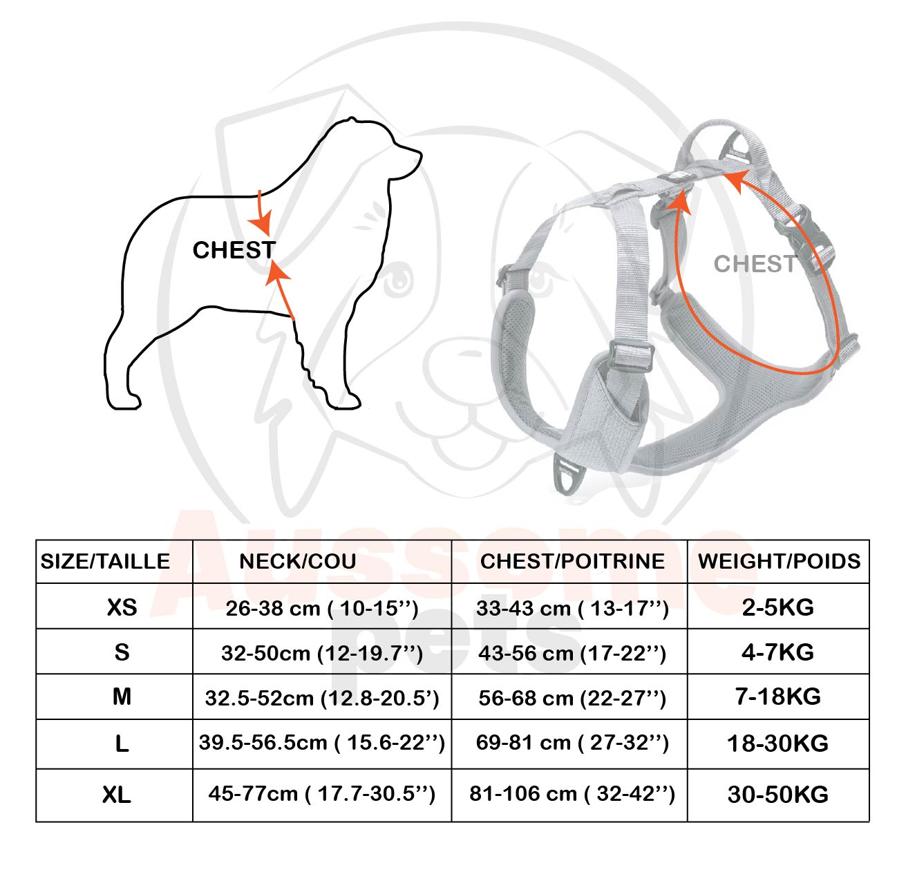 Dog harness size chart with measurements and weight capacity on a white background