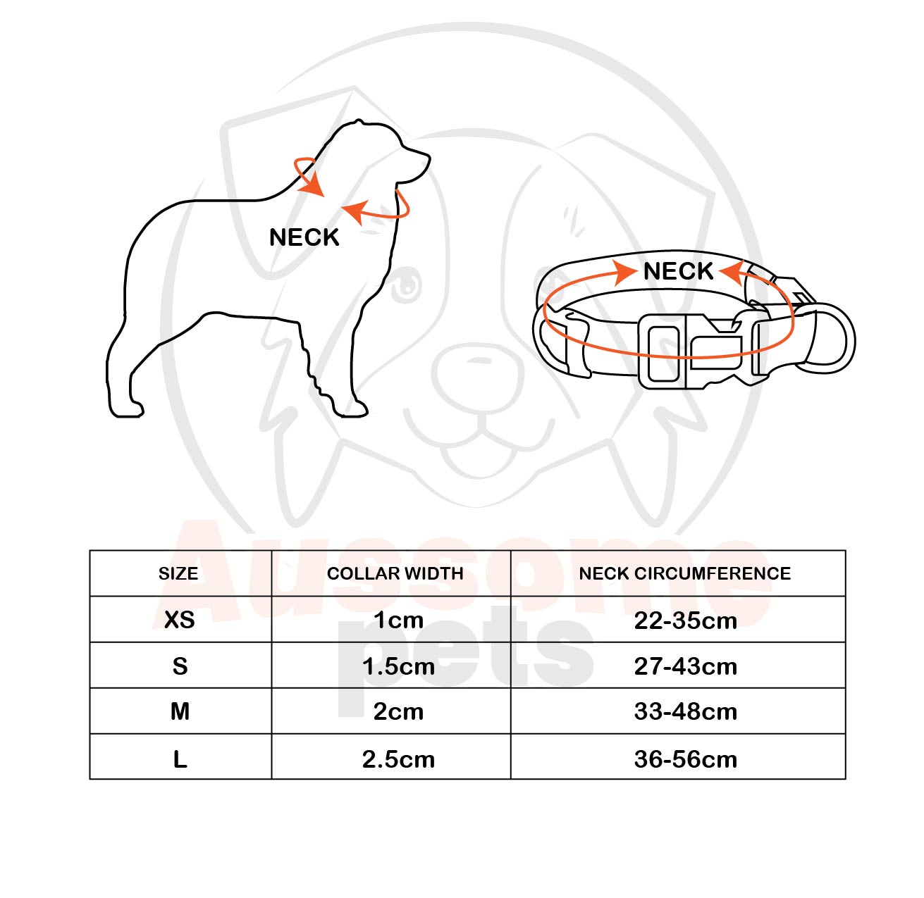 Measurement chart for dog collars with neck circumference and collar width guidelines.