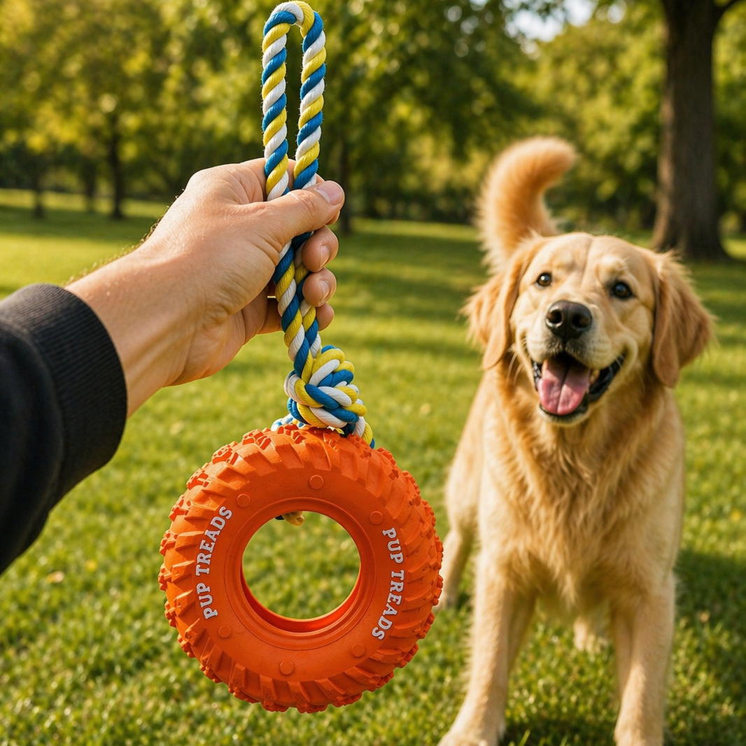 Dog playing with a tire toy in a park