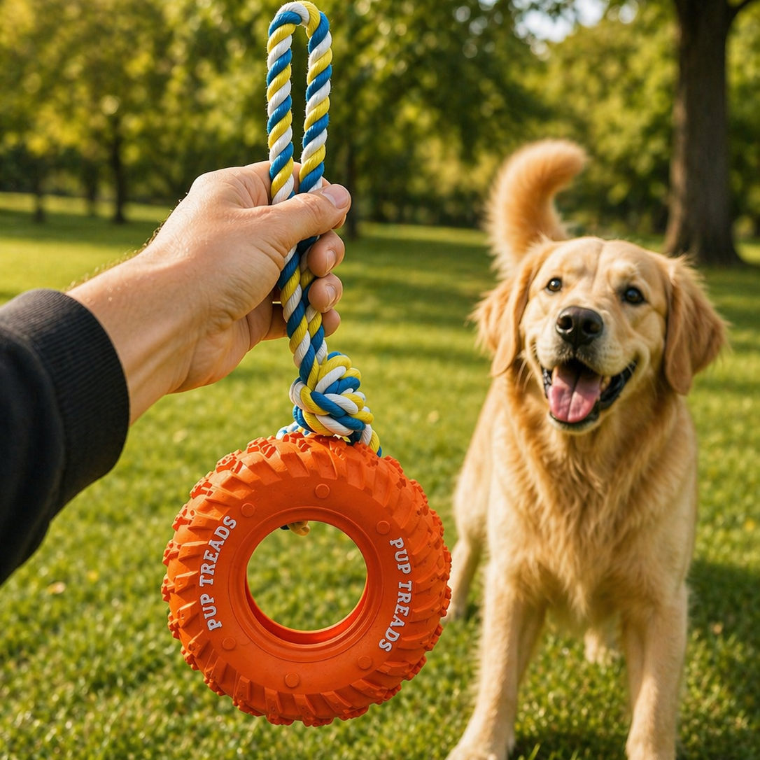 Dog playing with a tire toy in a park
