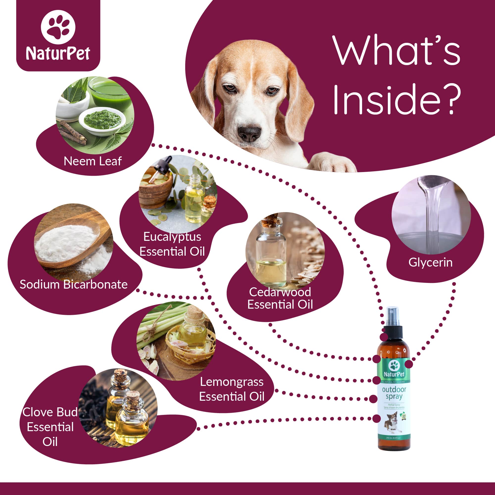 NaturPet product with ingredients displayed, including a dog's face and product bottle.