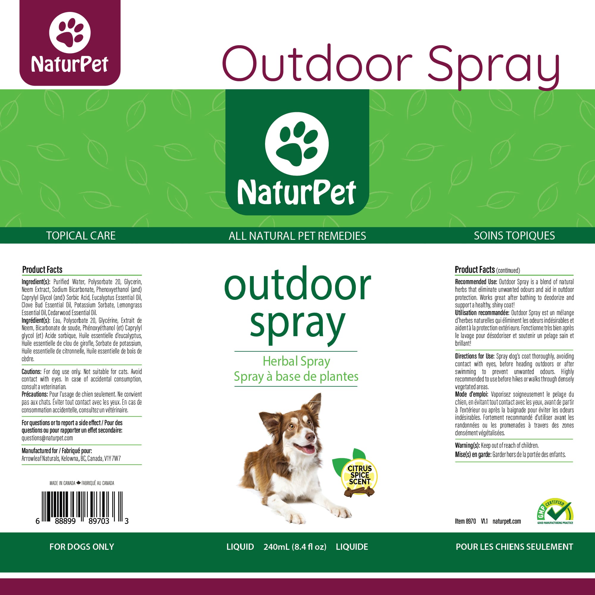NaturPet outdoor spray packaging with a dog on a green background