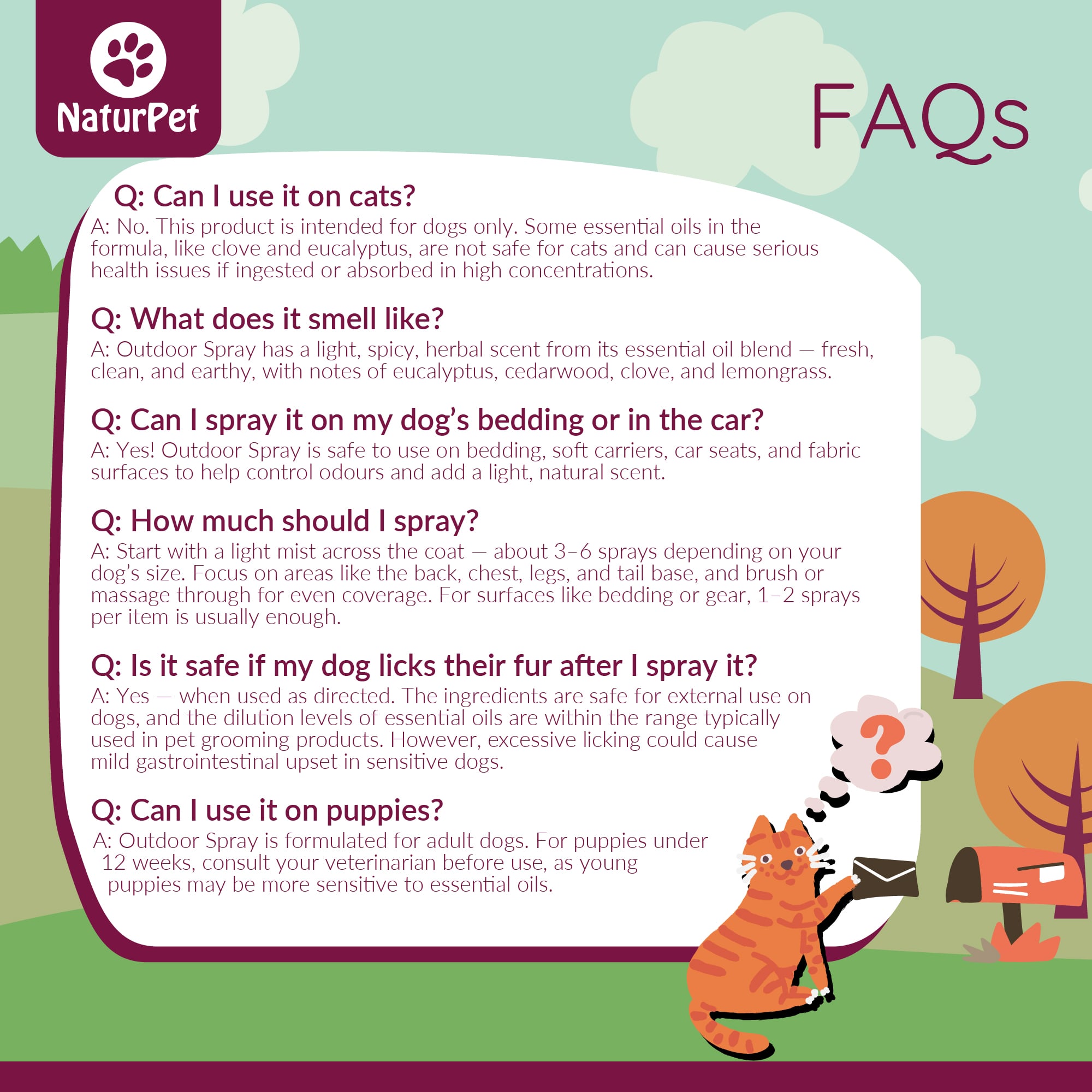 NaturPet product information sheet with FAQs on a green background with cartoon elements.