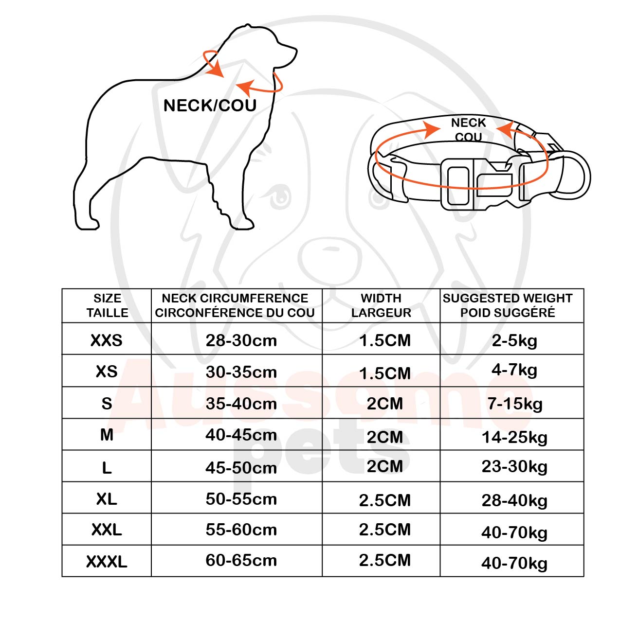 Dog collar size chart with measurements and weight suggestions