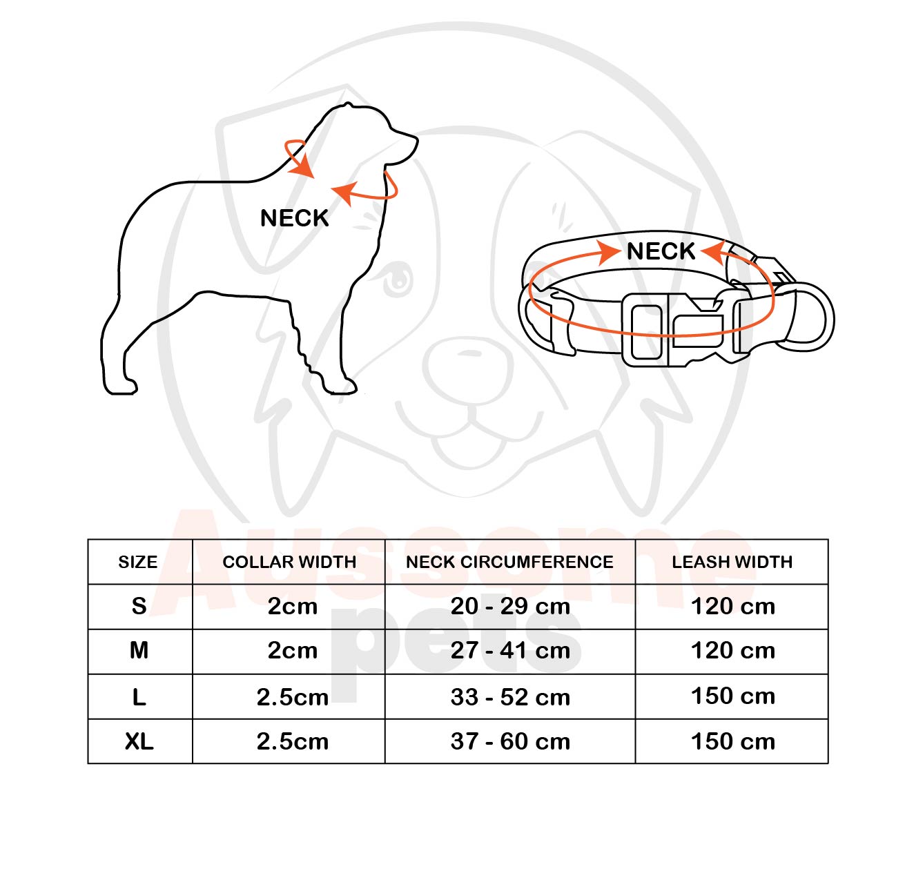 Dog collar size chart with measurements for neck circumference and leash width.
