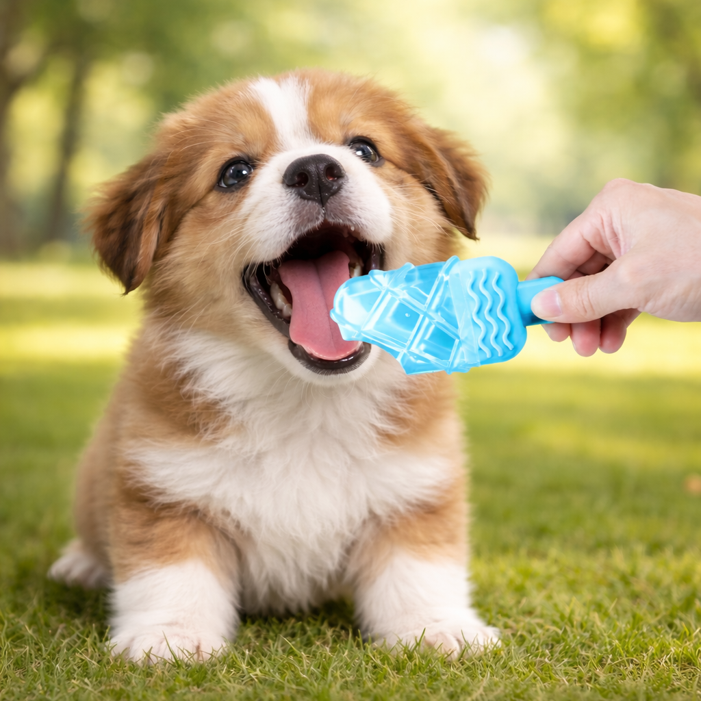 Puppy playing with a blue FROZEN toy outdoors on grass