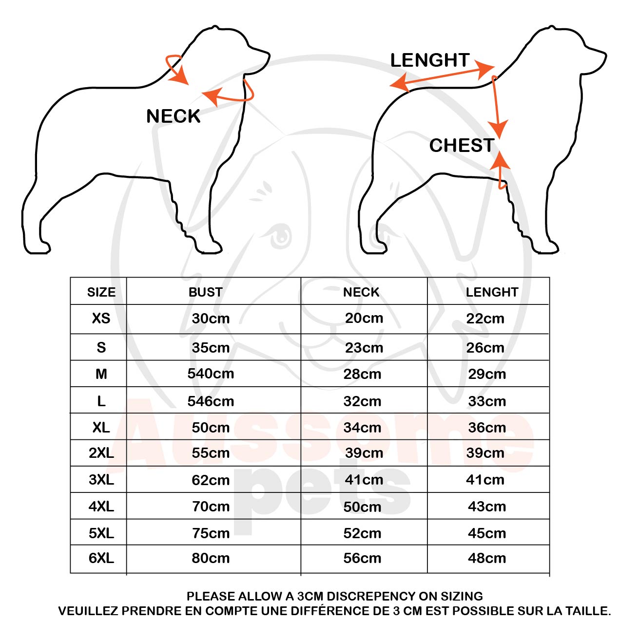 Dog size chart with measurements for bust, neck, and length on a white background.