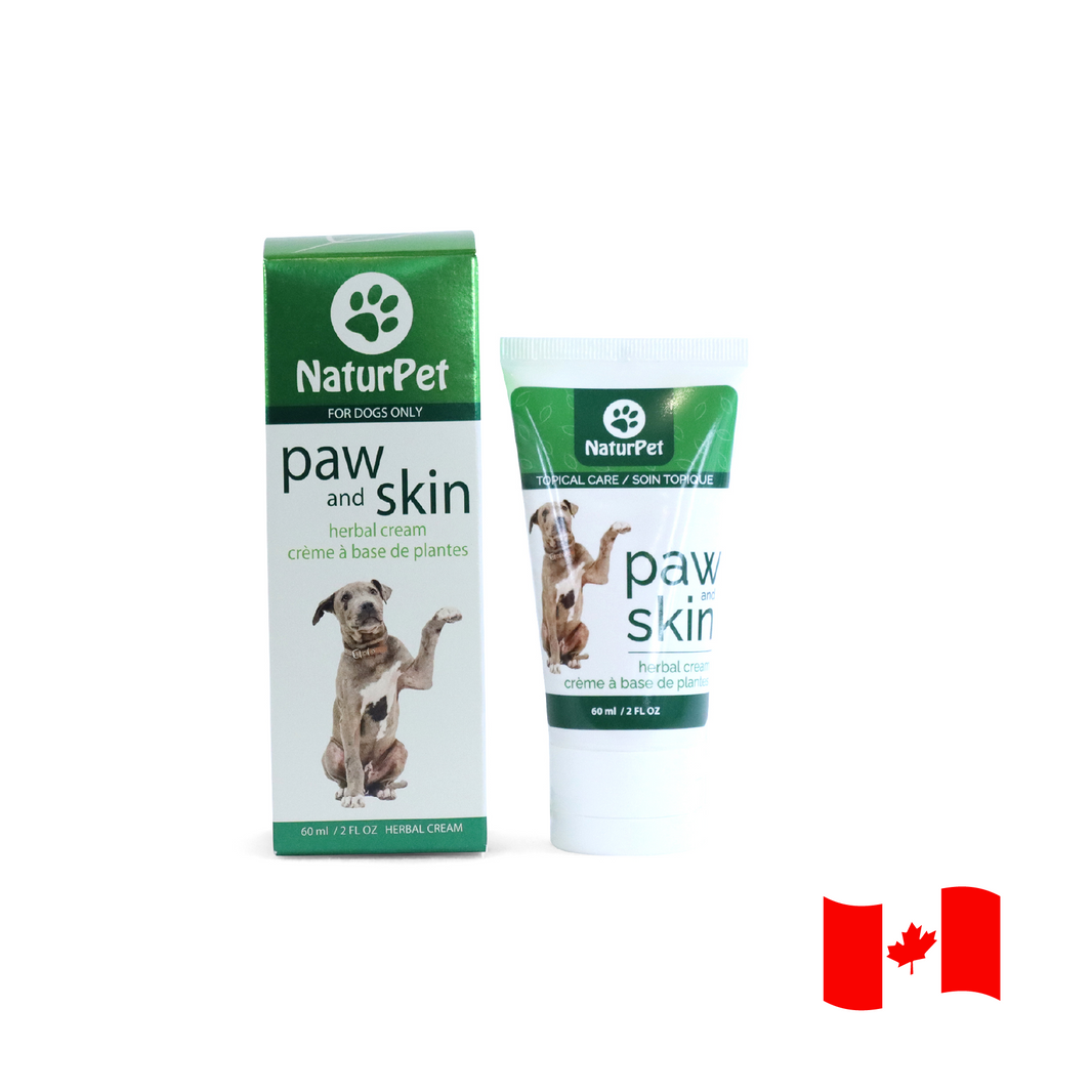 NaturPet paw and skin care product packaging on a white background with a Canadian flag.