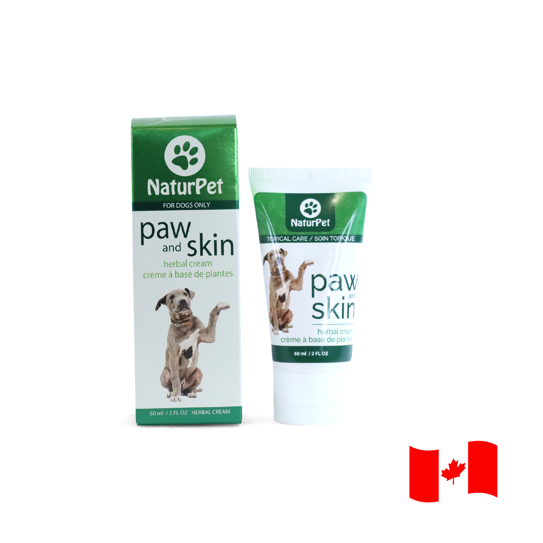 NaturPet paw and skin care product packaging on a white background with a Canadian flag.
