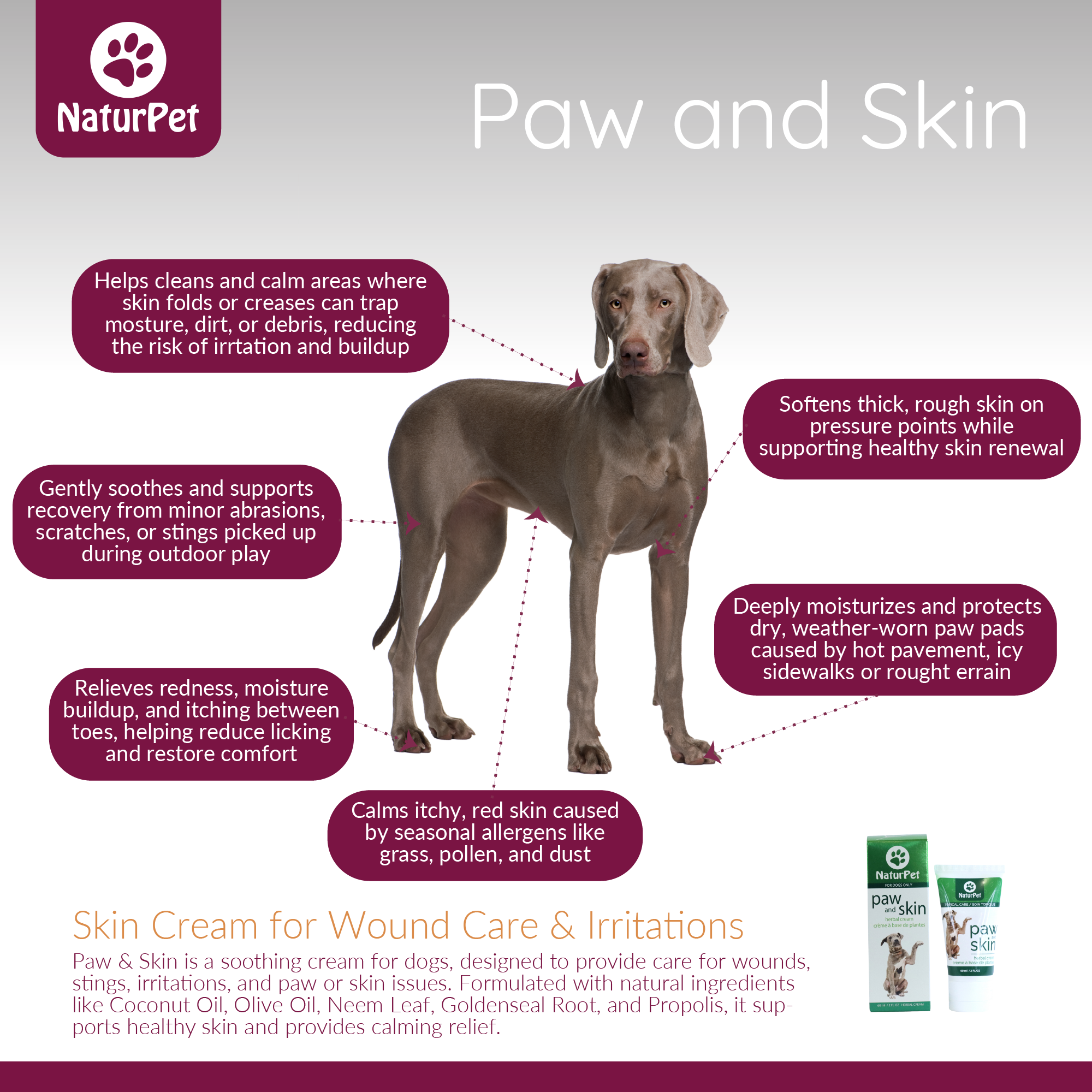 NaturPet Paw and Skin product description with a dog illustration and product packaging.
