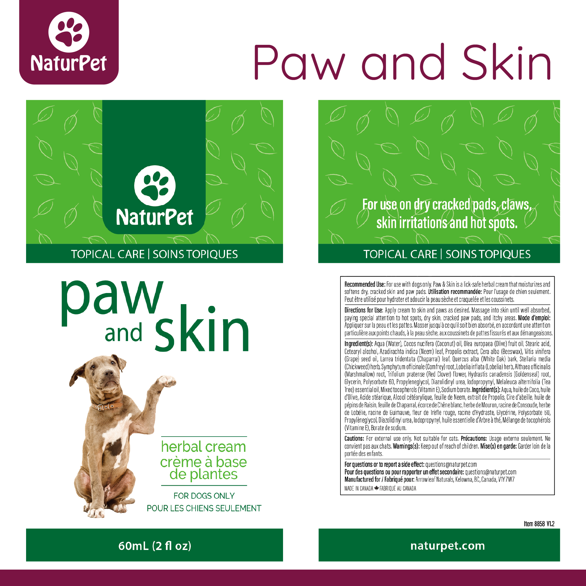 NaturPet paw and skin care product packaging with a dog illustration on a white background.