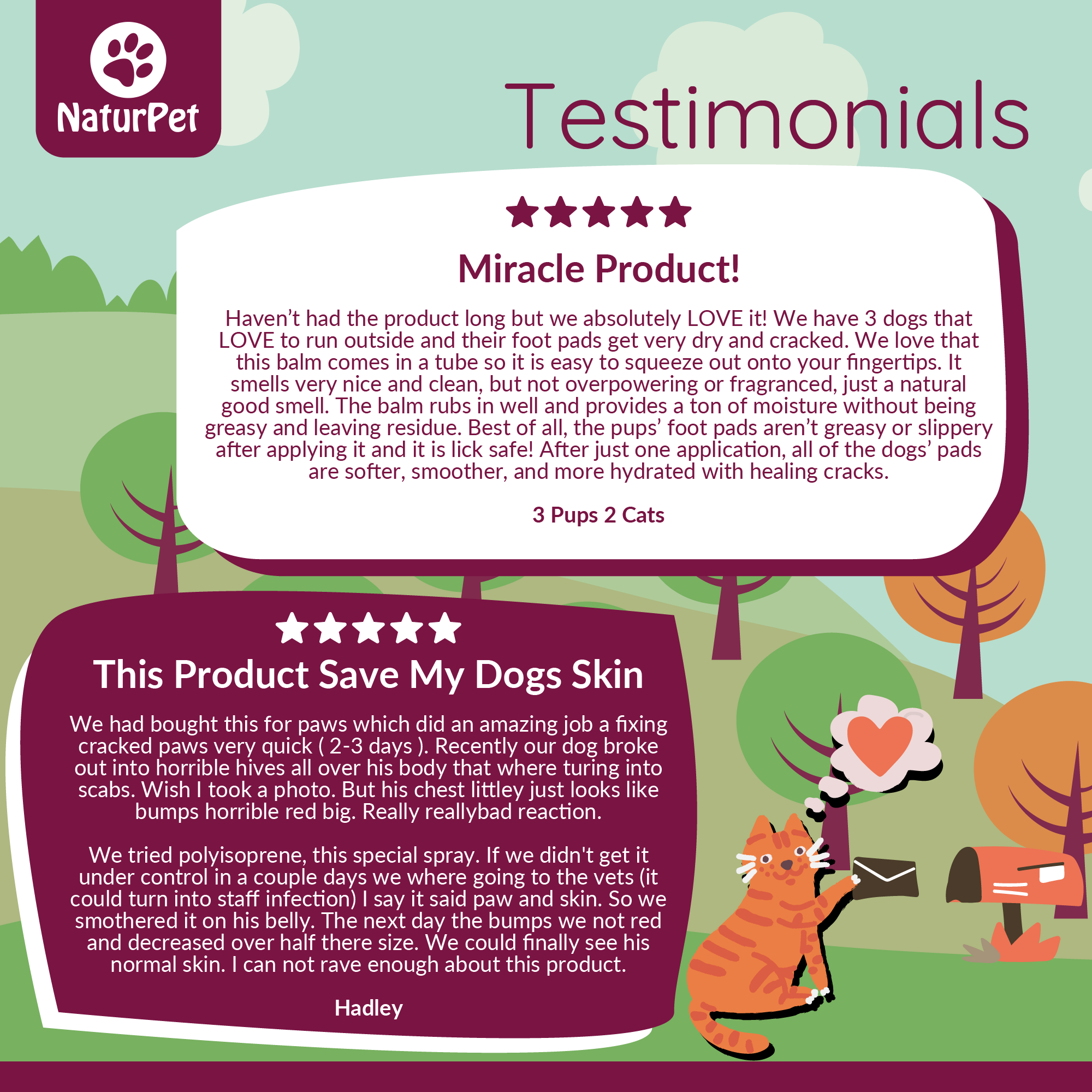 NaturPet testimonial graphic with cartoon animals and product description.