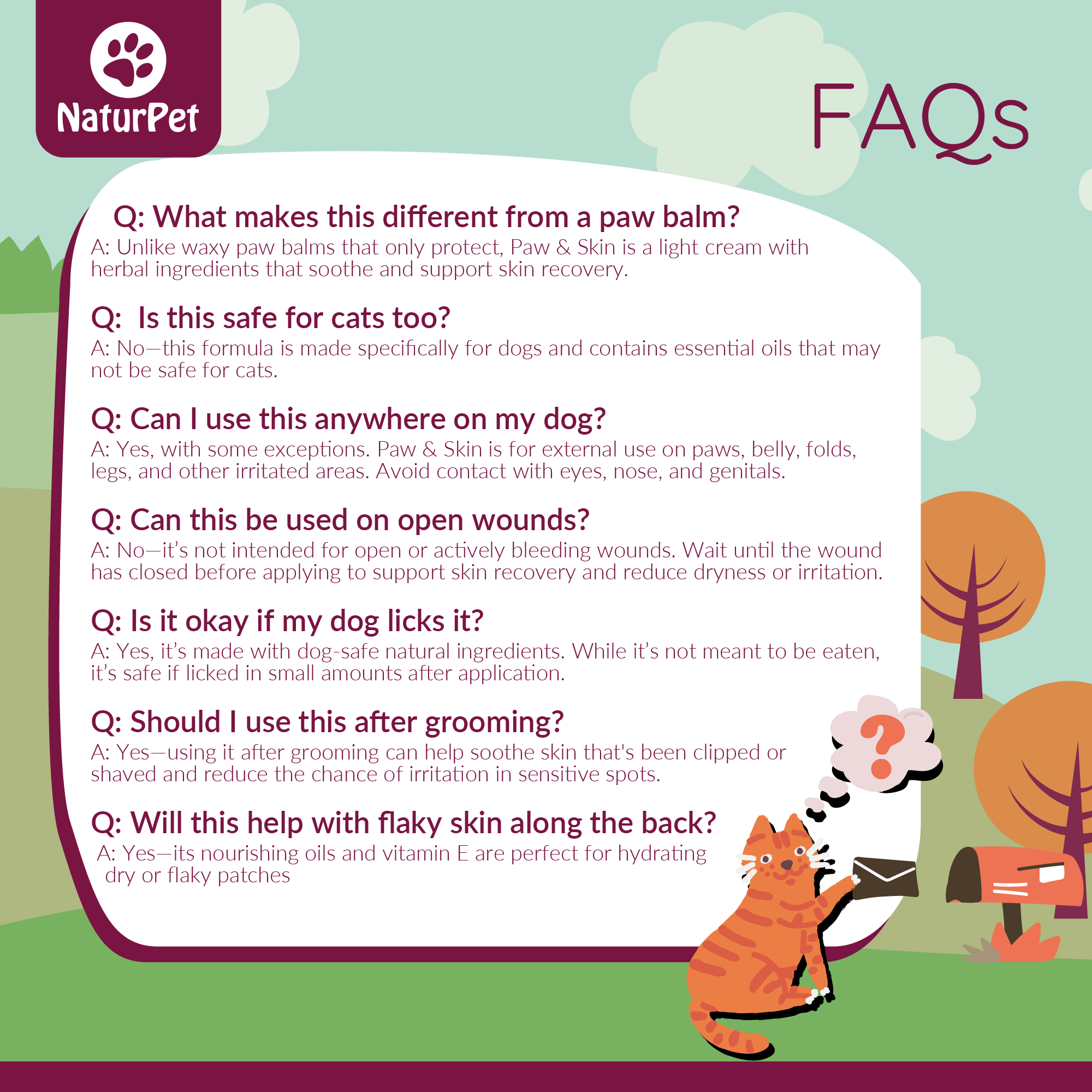 NaturPet FAQ section with cartoon cat and paw balm packaging on a green background