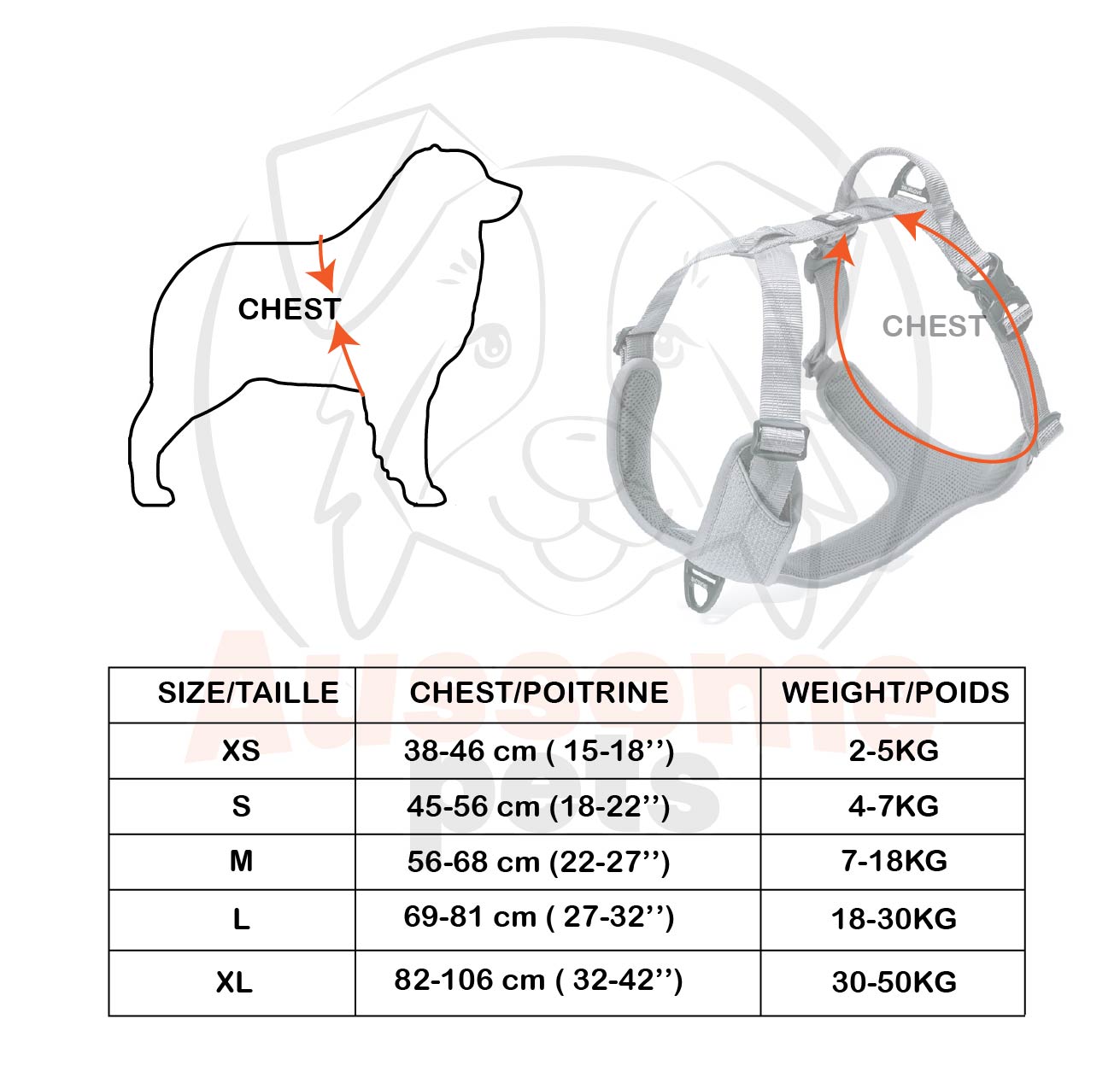 Dog harness size chart with measurements and weight ranges on a white background