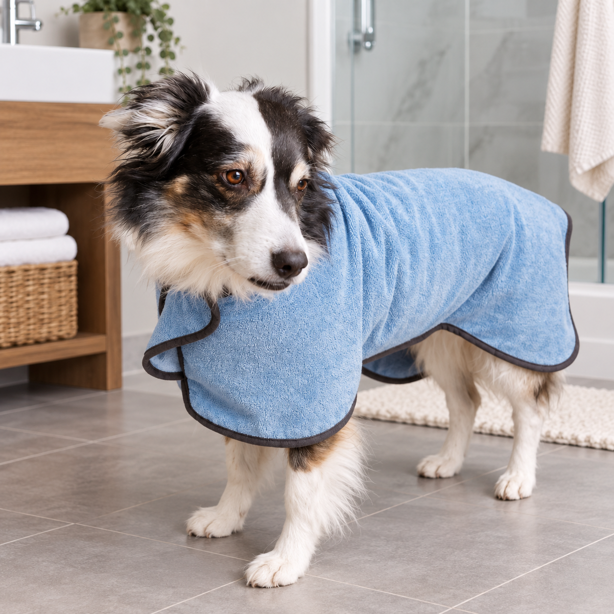 A black, white, and tan dog wearing a light blue dog towel bathrobe  with dark trim, standing on a gray tiled bathroom floor.