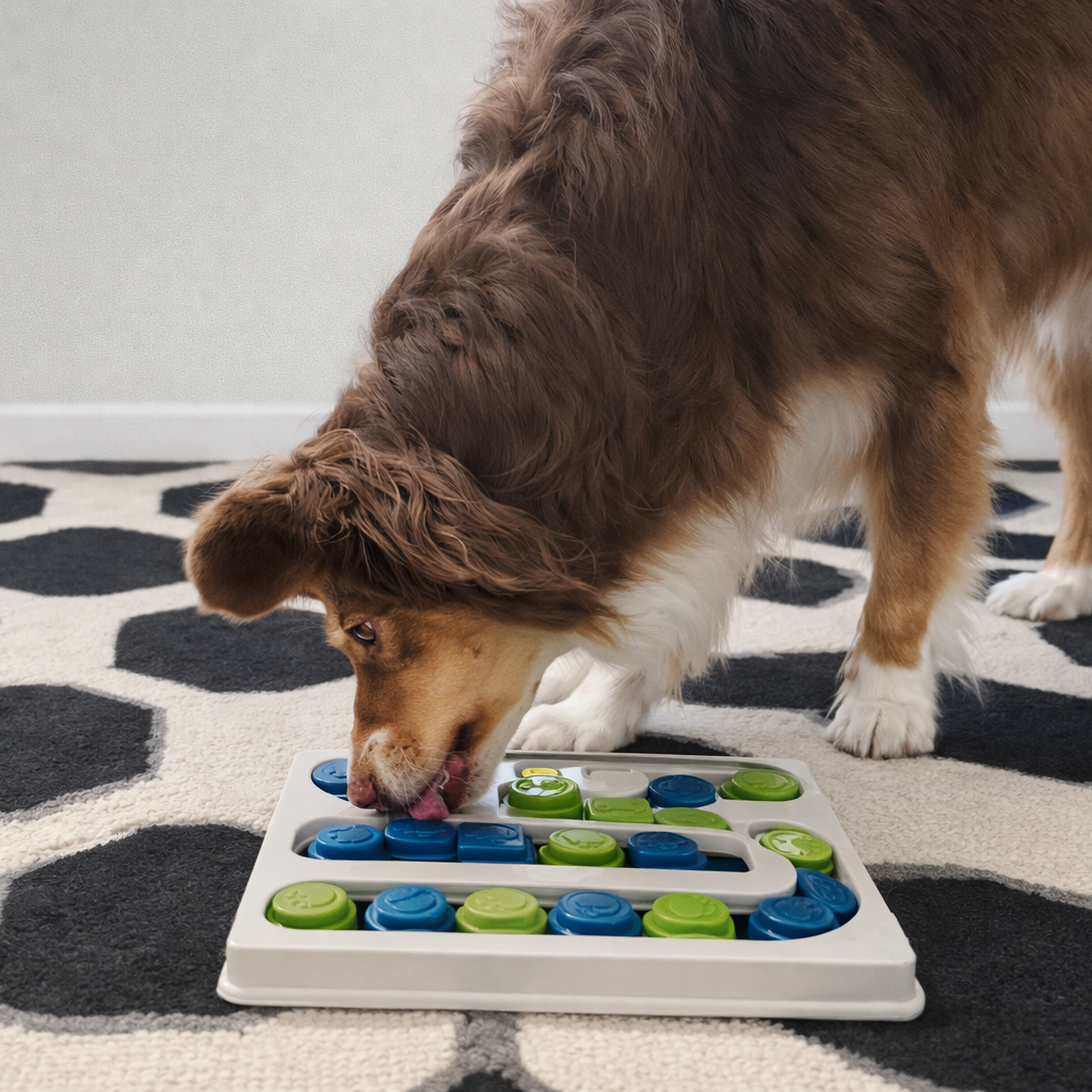 Dog interacting with a puzzle toy on a patterned rug