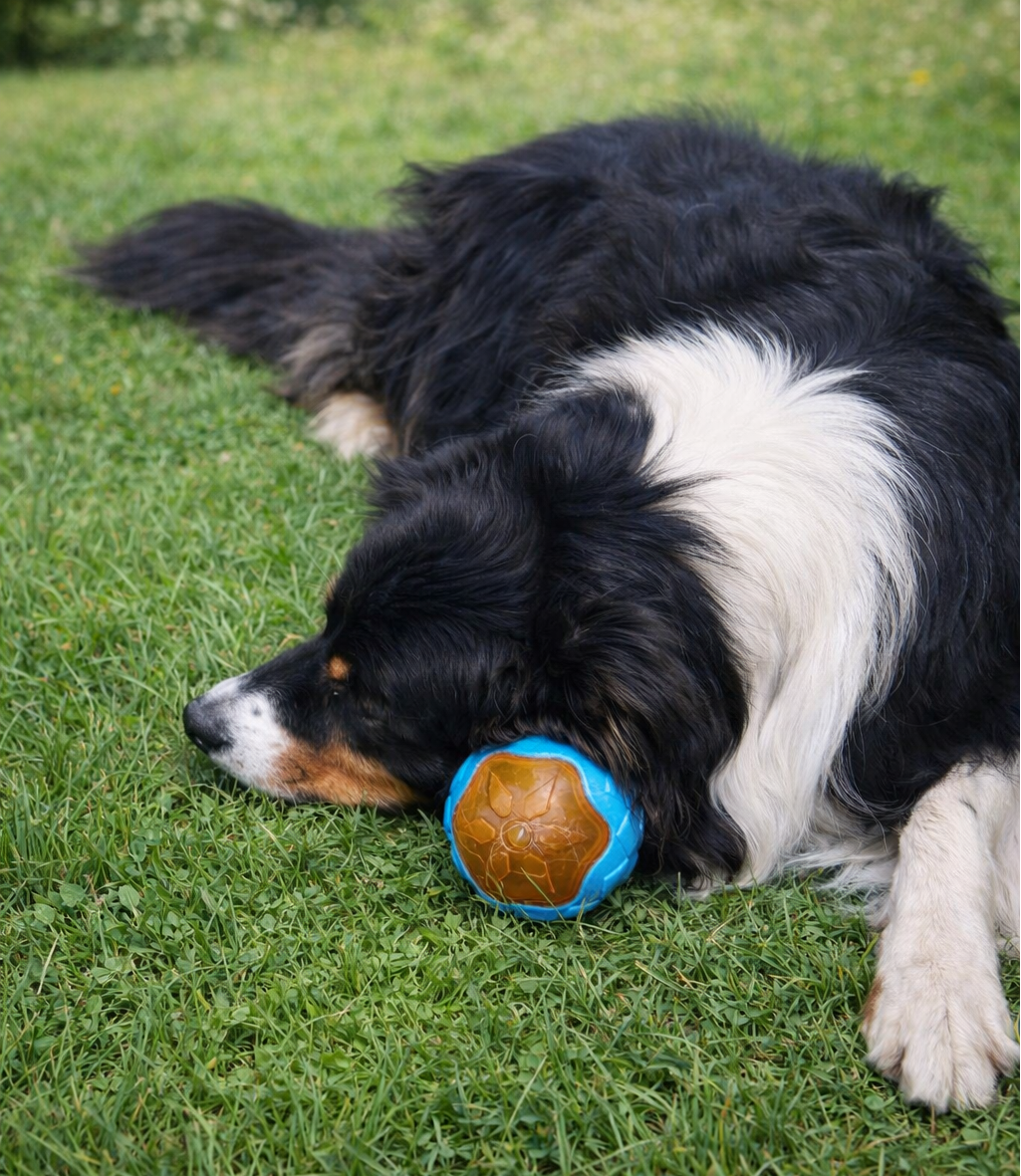 Dog lying on grass with a its favorite ball