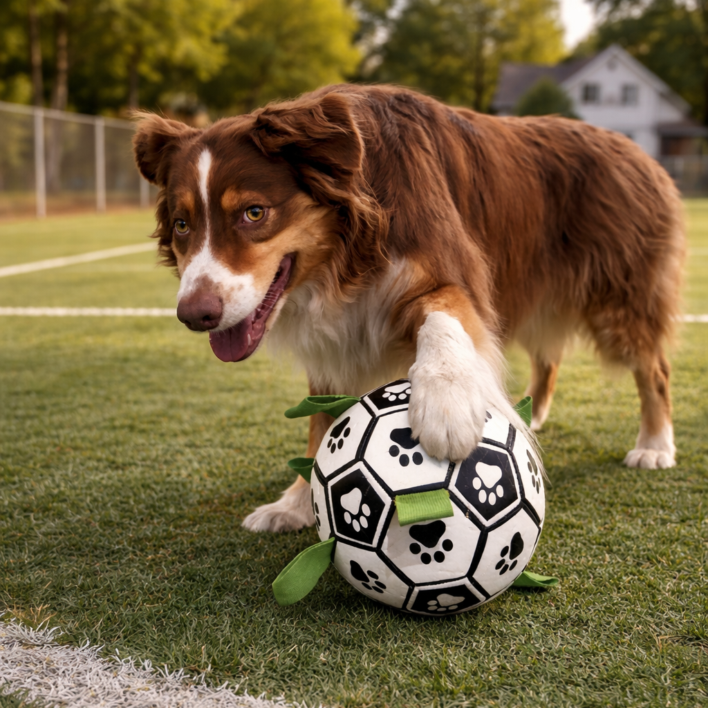 Dog playing with a soccer ball on a grassy field