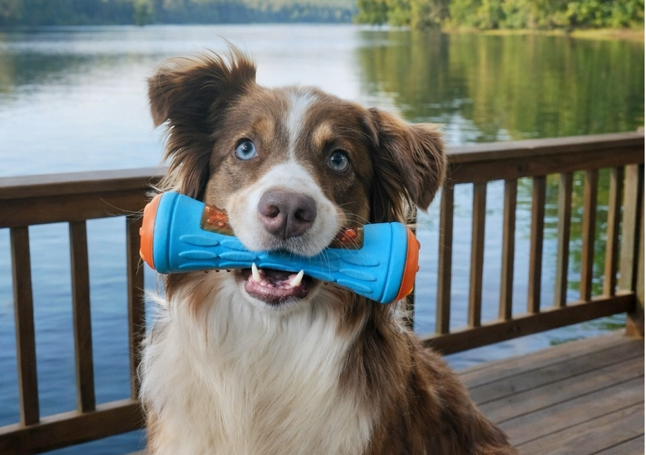 Dog with a blue toy in its mouth sitting on a wooden deck by a lake.